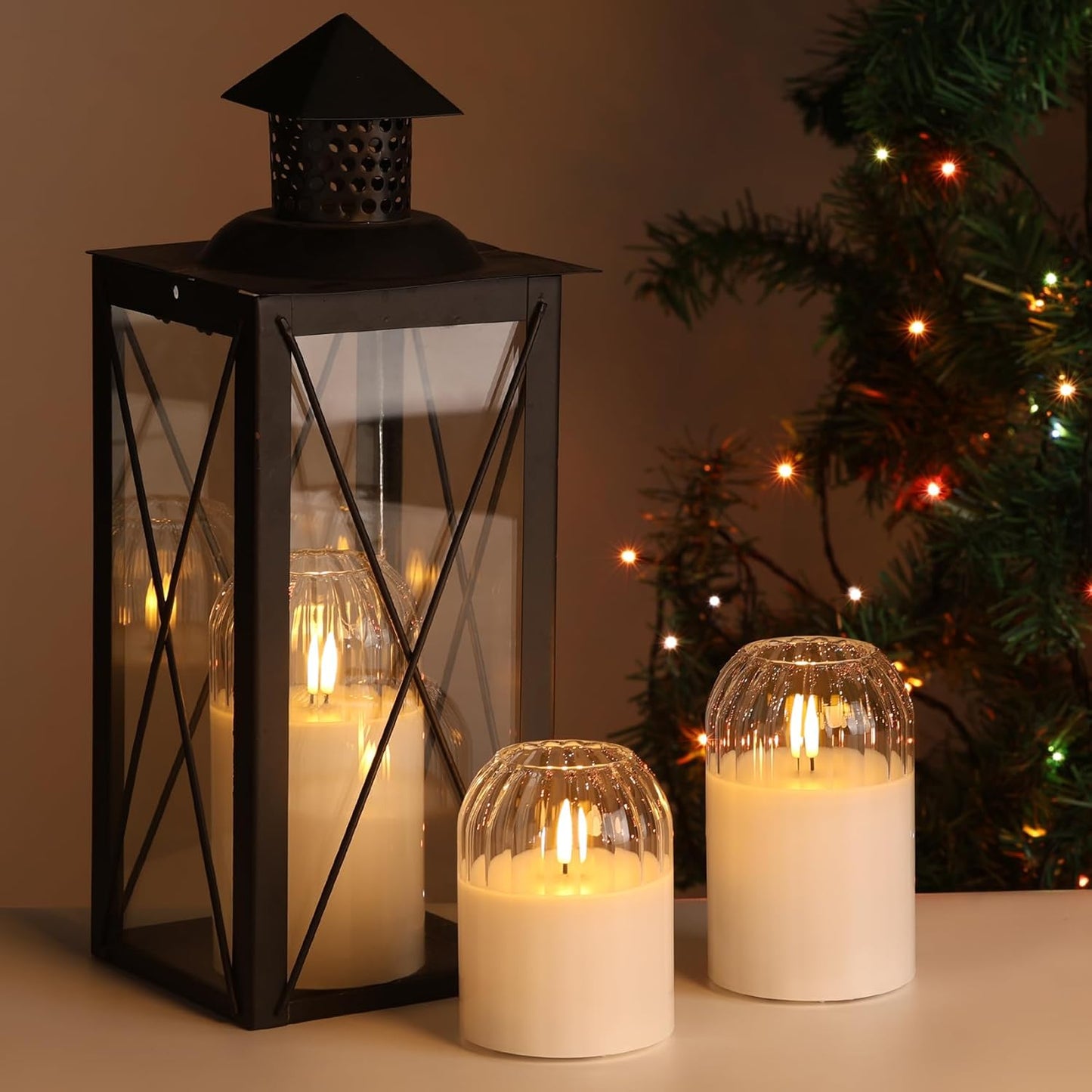 Clear Glass Flameless Candles with Remote, Flickering LED Pillar Candles Battery Powered Ribbed Dome Top Set of 3