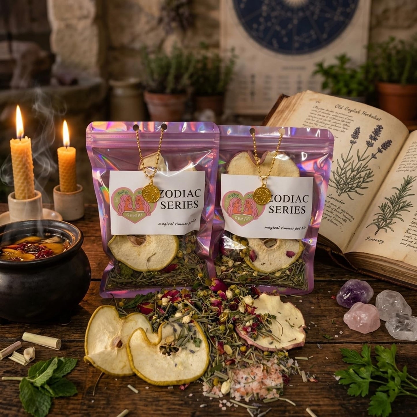 Gemini Zodiac Simmer Pot Kit - Magical Stovetop Potpourri with Dried Apple & Pear Slices, Rose Petals, Lavender & Chamomile - Himalayan Pink Salt & Lemongrass - Astrology Gift for Her