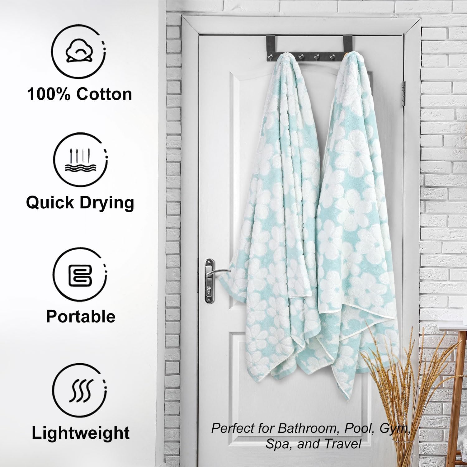 Cotton Towels for Bathroom Decor with Floral Jacquard, Super Soft and Absorbent Bath Towel Set of 2, Large Size 27.5x55 Inches
