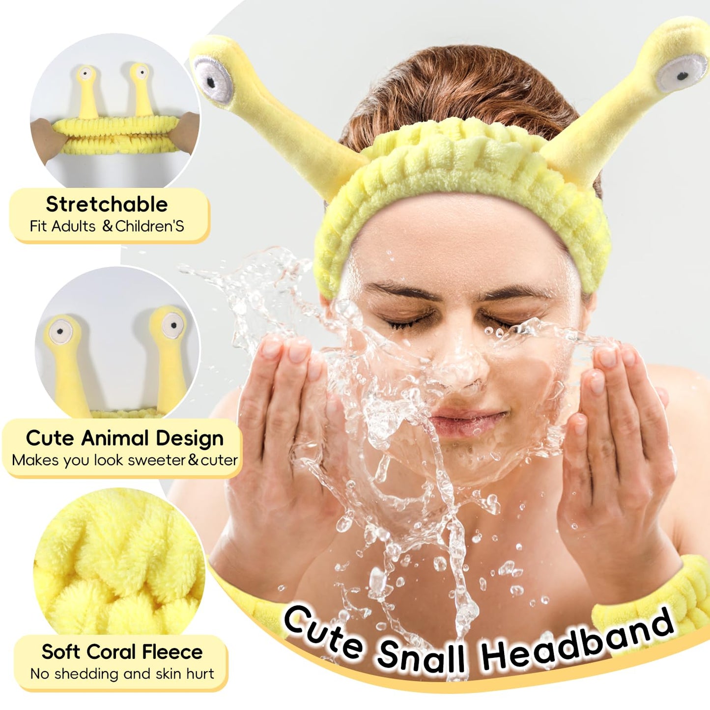 Face Wash Headband, Skincare Wrist Bands for Washing Face Set Spa Hair Bands Gift for Women Girls with a Hair Scrunchie, Cute Yellow snail tentacle Elastic Headband, for Face Washing Makeup Skincare