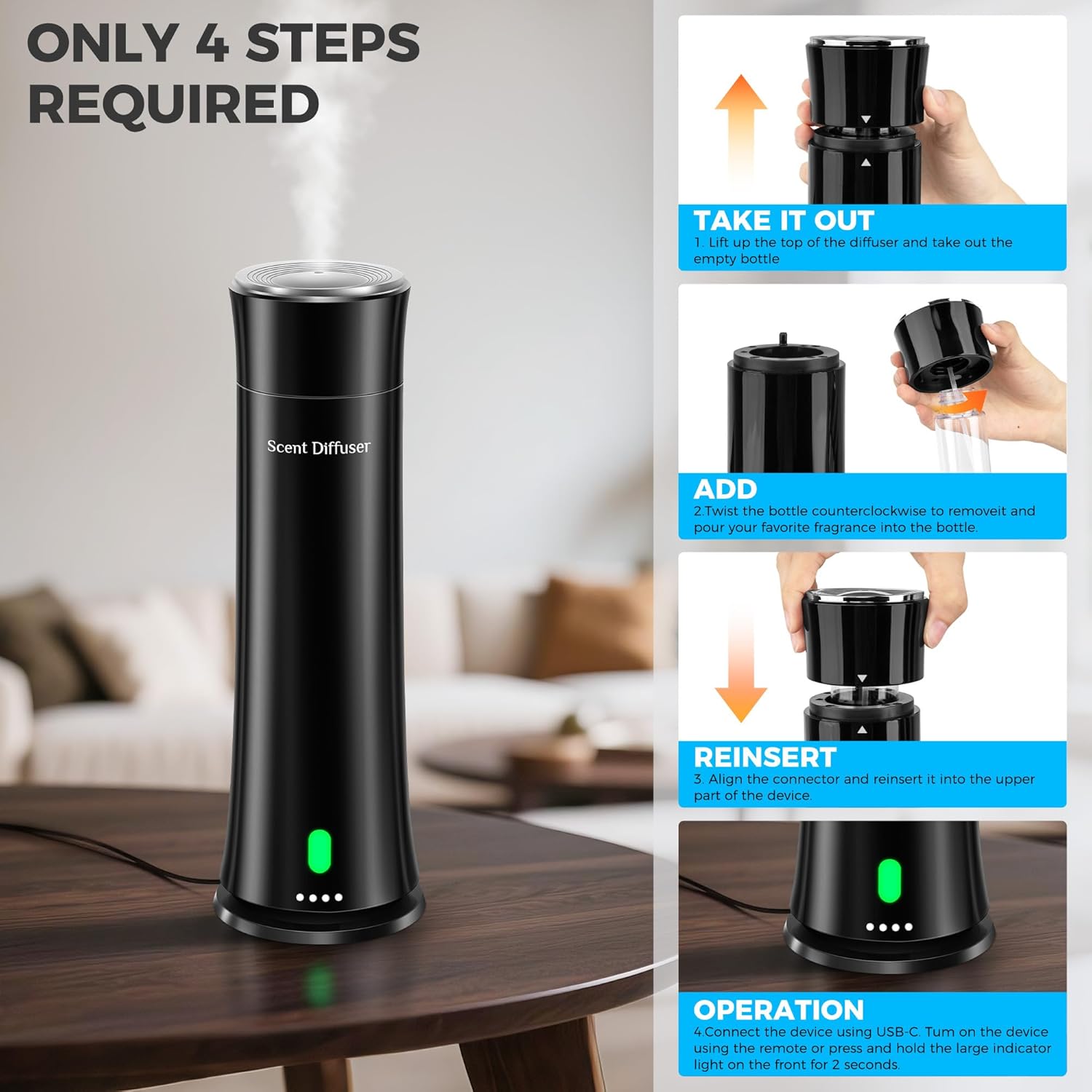 Waterless Scent Diffuser Kit — Covers 1,500 sq. ft. Suitable for Large Rooms, Home, Offices, and Hotels. Includes Five Essential Oils and Remote Control. Black