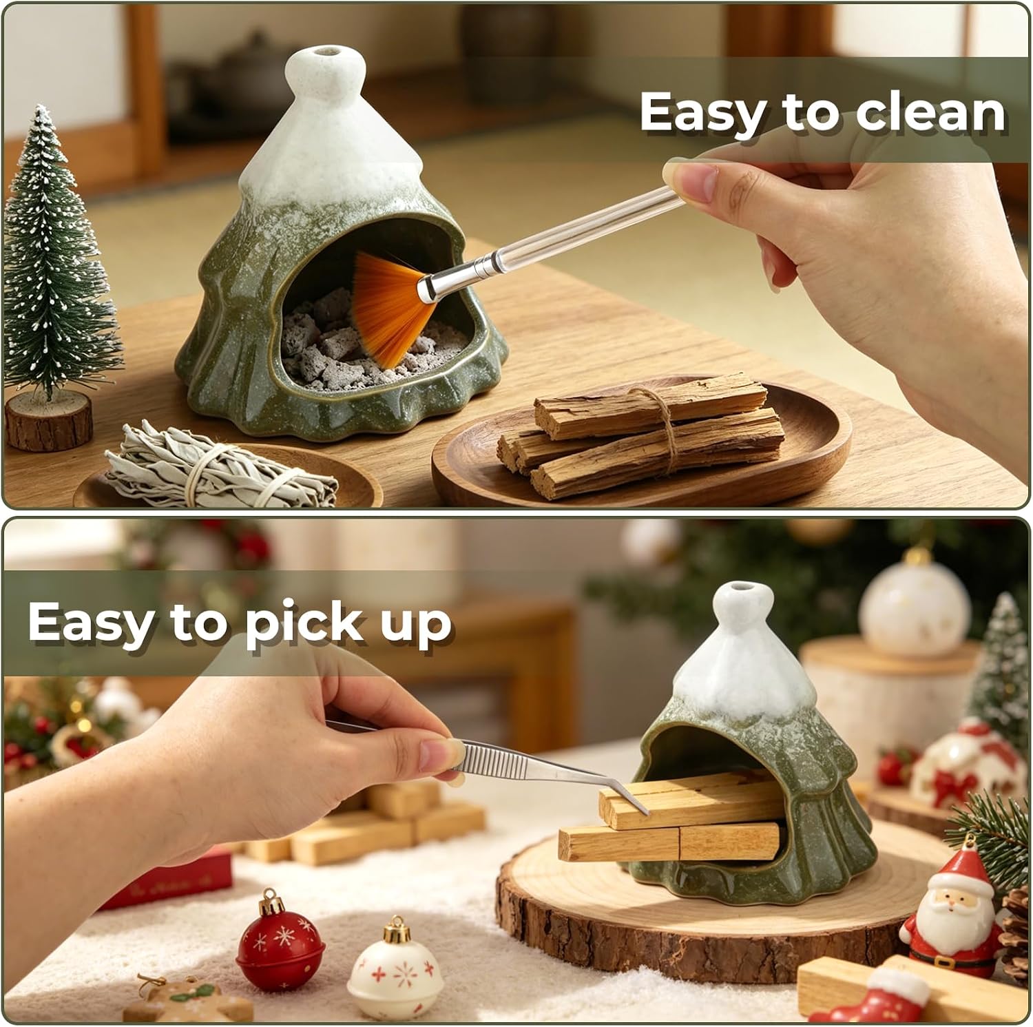 Palo Santo Chimney Palo Santo Holder Ceramic Christmas Tree Incense Holder for Sticks Sage Cones Incense Burner Cute Ceramic Mini Chimney for Meditation Yoga Room Home Decor (Christmas Tree-A)