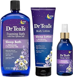 Dr Teals Melatonin Sleep Bath Gift Set (Foaming Bath (34 oz), Body Lotion (8 oz), & Sleep Spray (6oz) - Stress Relief Lavender & Melatonin Promotes Better Sleep - At Home Spa Kit - Relax Before Bed