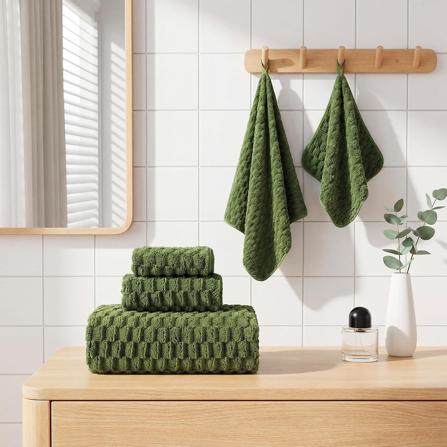 SmoothNovelty Set of 6 Extra Large Bath Towel 40x80 Inches Oversized Bath Sheet 2 Shower Towels 2 Hand Towels 2 Washcloths for Adult Absorbent Quick Dry Bathroom Spa Gym(Cloud Texture,Olive Green)