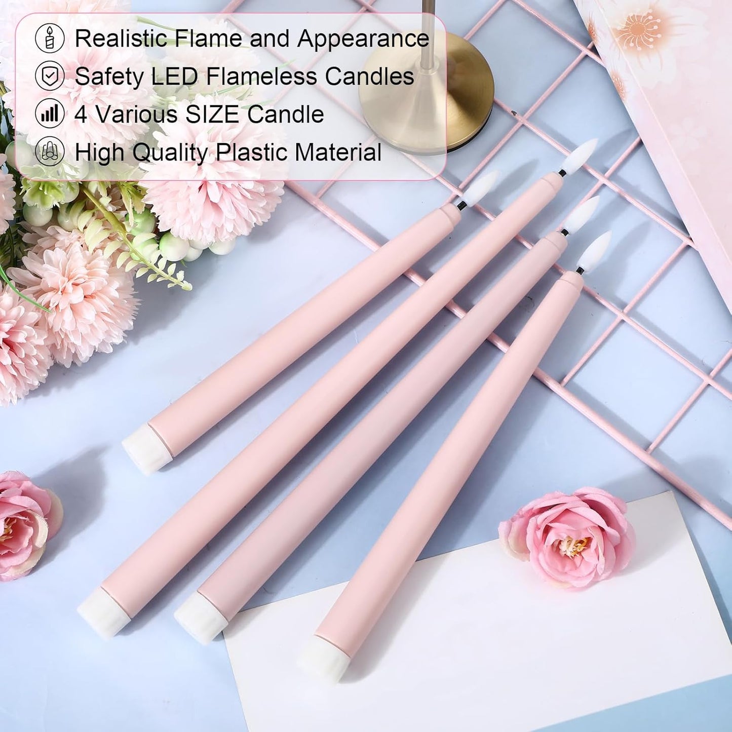 Rossesay 48 Pcs Flameless LED Taper Candles Battery Operated Candles 4 Sizes of 8.5'', 9.65'', 10.83'', 12.8'' Flameless Candlesticks Flickering for Halloween Christmas Church Wedding(Dusty Pink)