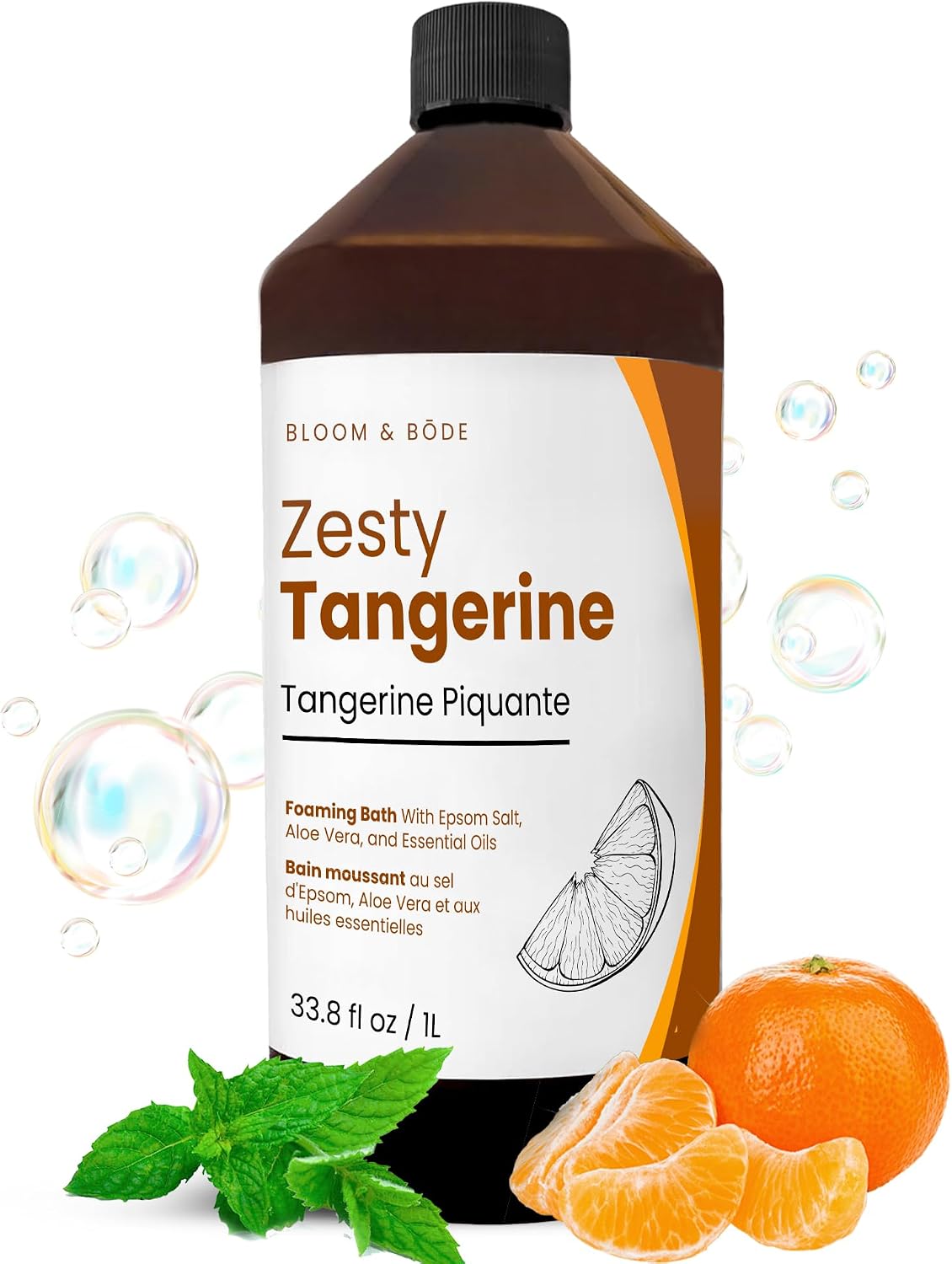 Luxury Foaming Bath - Natural Scented Bubble Bath with Essential Oils and Epsom Salt - Zesty Tangerine Scent, 33.8 fl oz / 1L