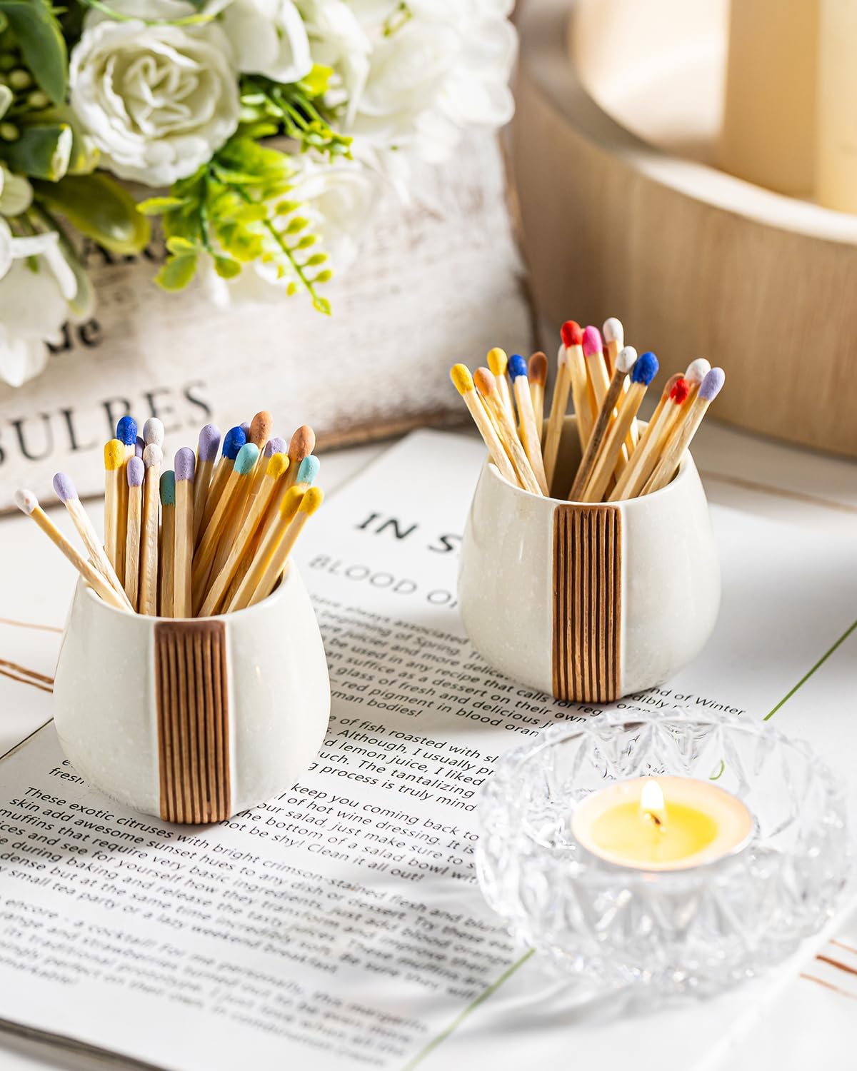 Zoeeker Ceramic Match Striker Holders Set of 2 - Matchstick Container With Wooden Tray for Christmas Kitchen, Fireplaces & Minimalist Spaces - Matches NOT Included, White