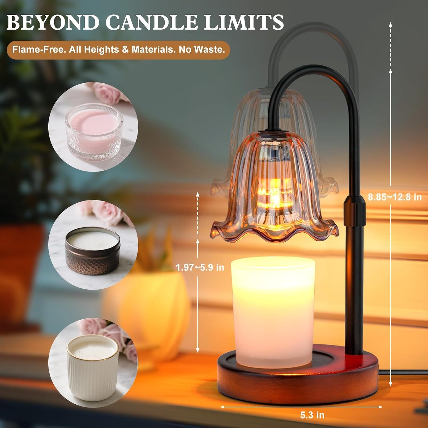 Candle Warmer Lamp Electric: Timer Dimmer Candles Warming Jar Light - Height Adjustable Dimmable Warmers Lamps - Flower No Flame Lamps with Heat Warm Melt Wax - Home Bedroom Decor Table Light