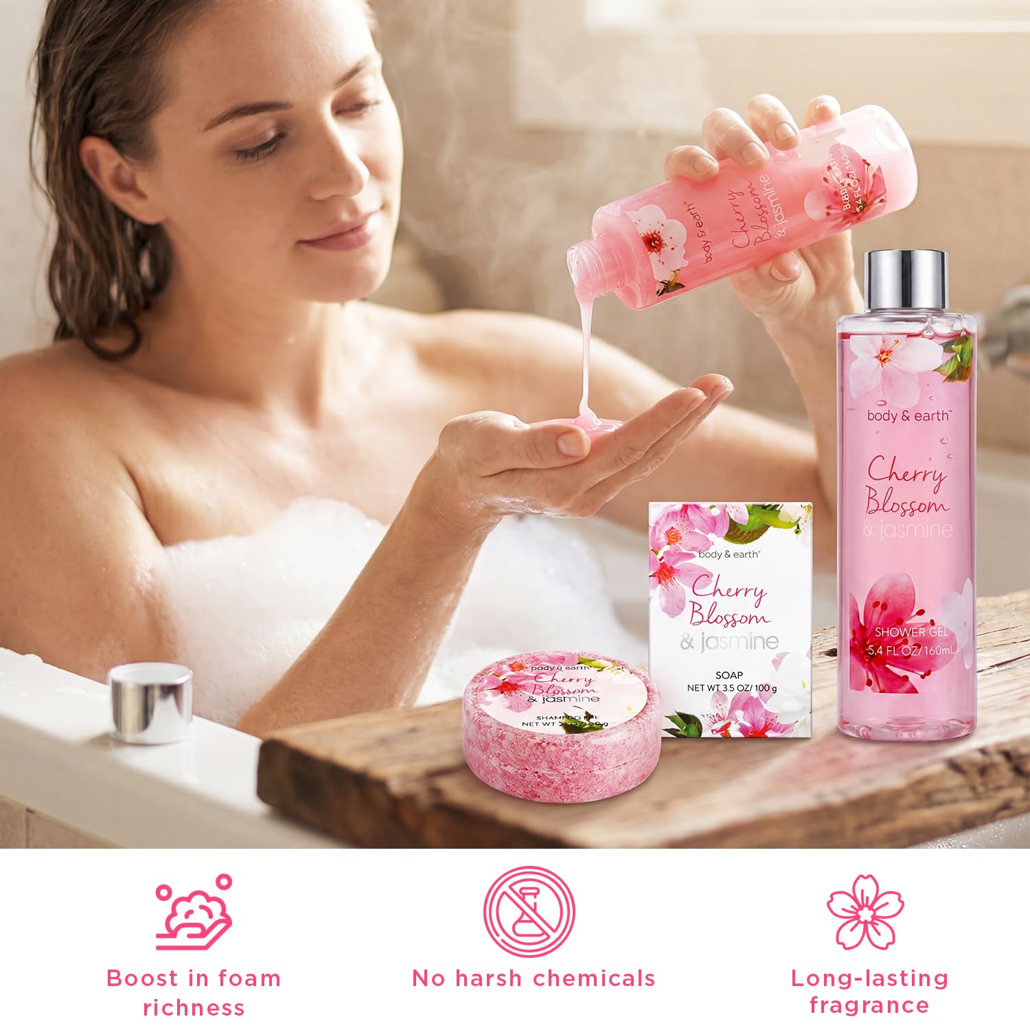 Body & Earth Spa Gifts for Women Self Care Kit - 8pcs Cherry Blossom & Jasmine Bath Sets for Women, Birthday, Mother's Day Gift Baskets for Mother, Wife, Girlfriends