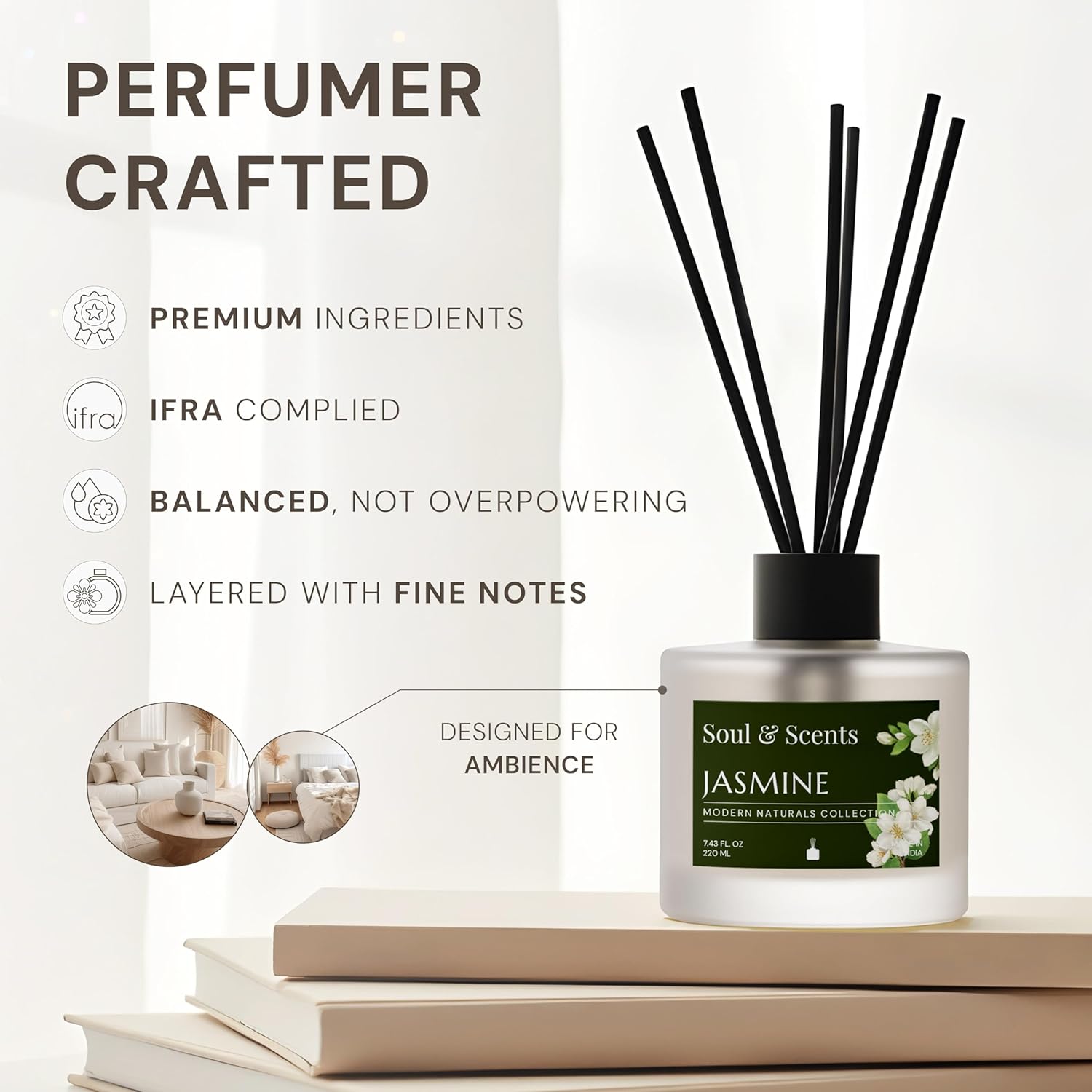 Soul & Scents Reed Diffuser Set – Jasmine | 7.43 oz Refillable Scented Oil with 6 Fiber Sticks | Long-Lasting Home Fragrance & Air Freshener for Bedroom, Bathroom, Office | Gift & Décor Piece