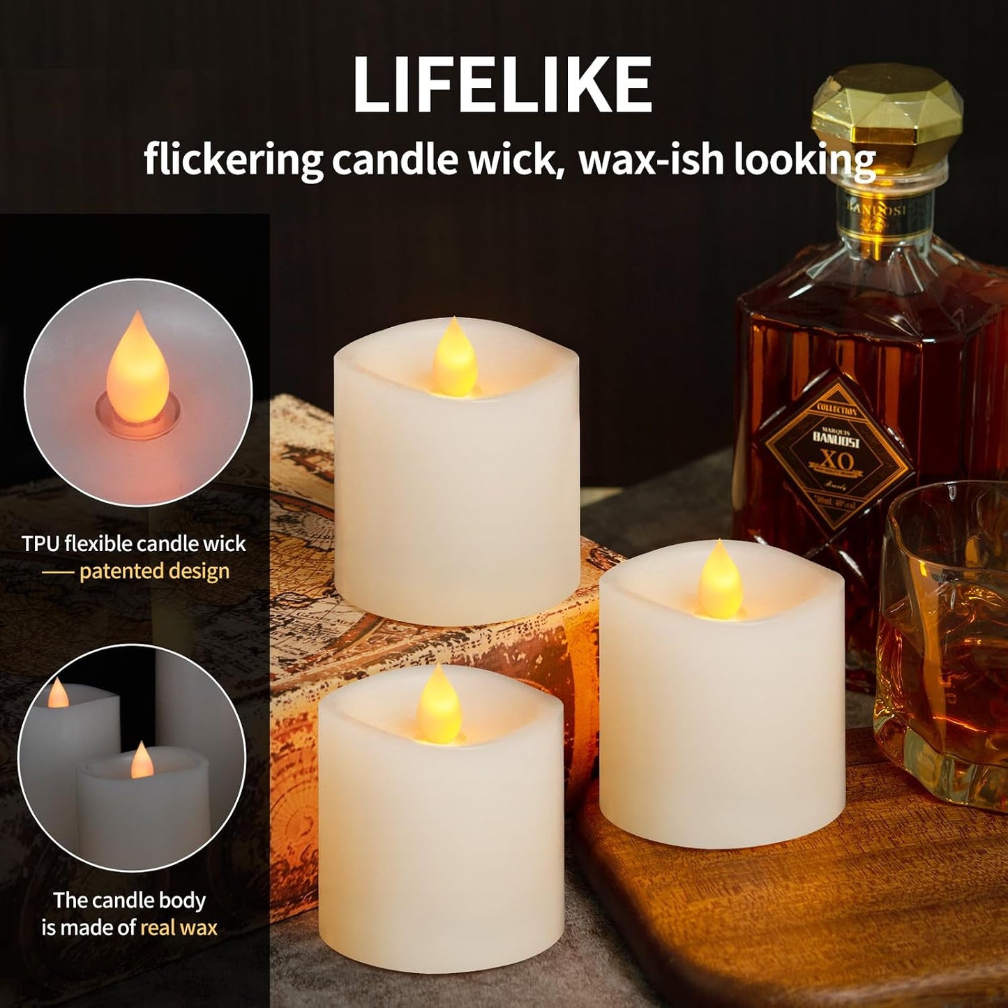 3x3 Flickering Flameless Candles Set of 3, 2AA Battery Life 600 Hours Battery Candles Flickering with Timer,3 inch Flameless Candles with Remote for Indoor/Outdoor, White