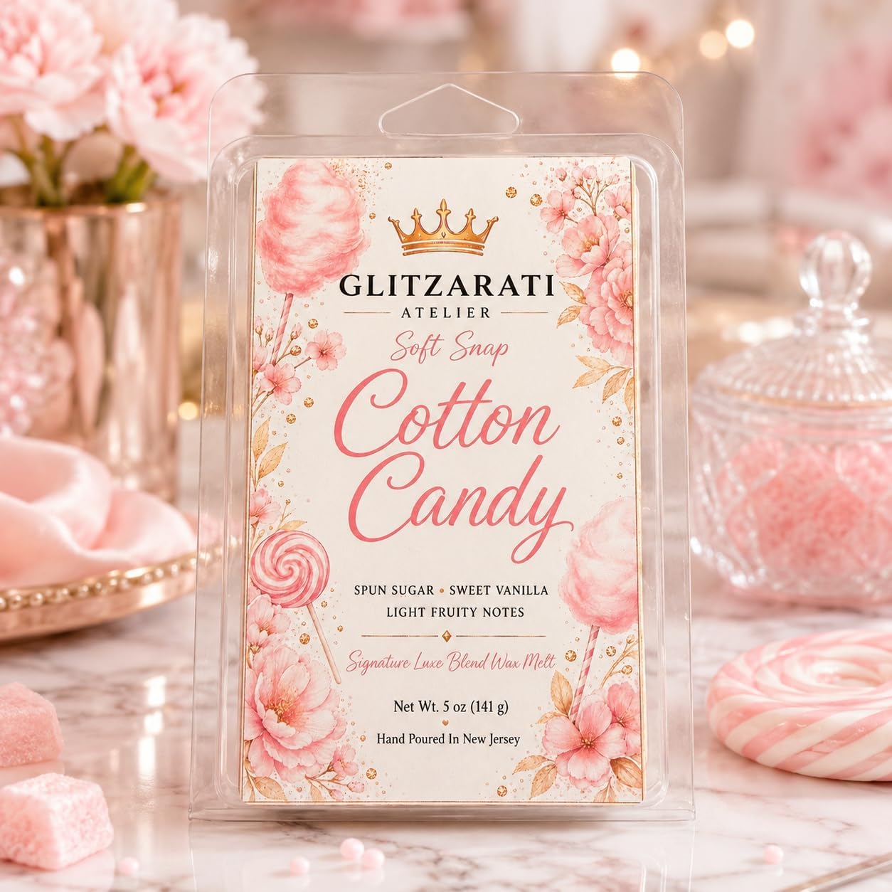 Cotton Candy | Signature Luxe Blend Wax Melt | Sweet Vanilla, Spun Sugar & Fruity Notes | 5 oz Clamshell | Glitzarati Atelier™
