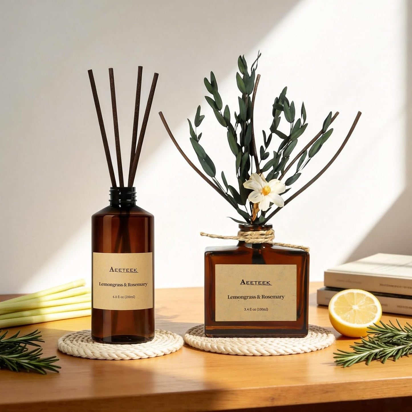 Reed Diffuser, Lemongrass Rosemary Fresh Ginger Scented Oil Refill with Diffuser Sticks, 6.8 Fl Oz (200ml) Essential Oil Diffuser for Bathroom, Elegant Fragrance for Room Decor