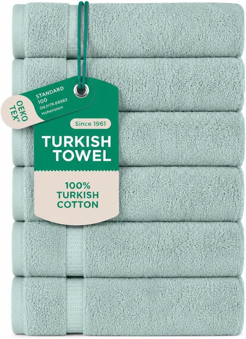 SALBAKOS 100% Turkish Cotton Hand Towel Set of 6 16x30 inch | Premium Quality | Hotel & Spa Collection | Soft, Absorbent, Long Lasting Hand Towels | Made in Turkey (Seafoam Green, 6 Hand Towels)