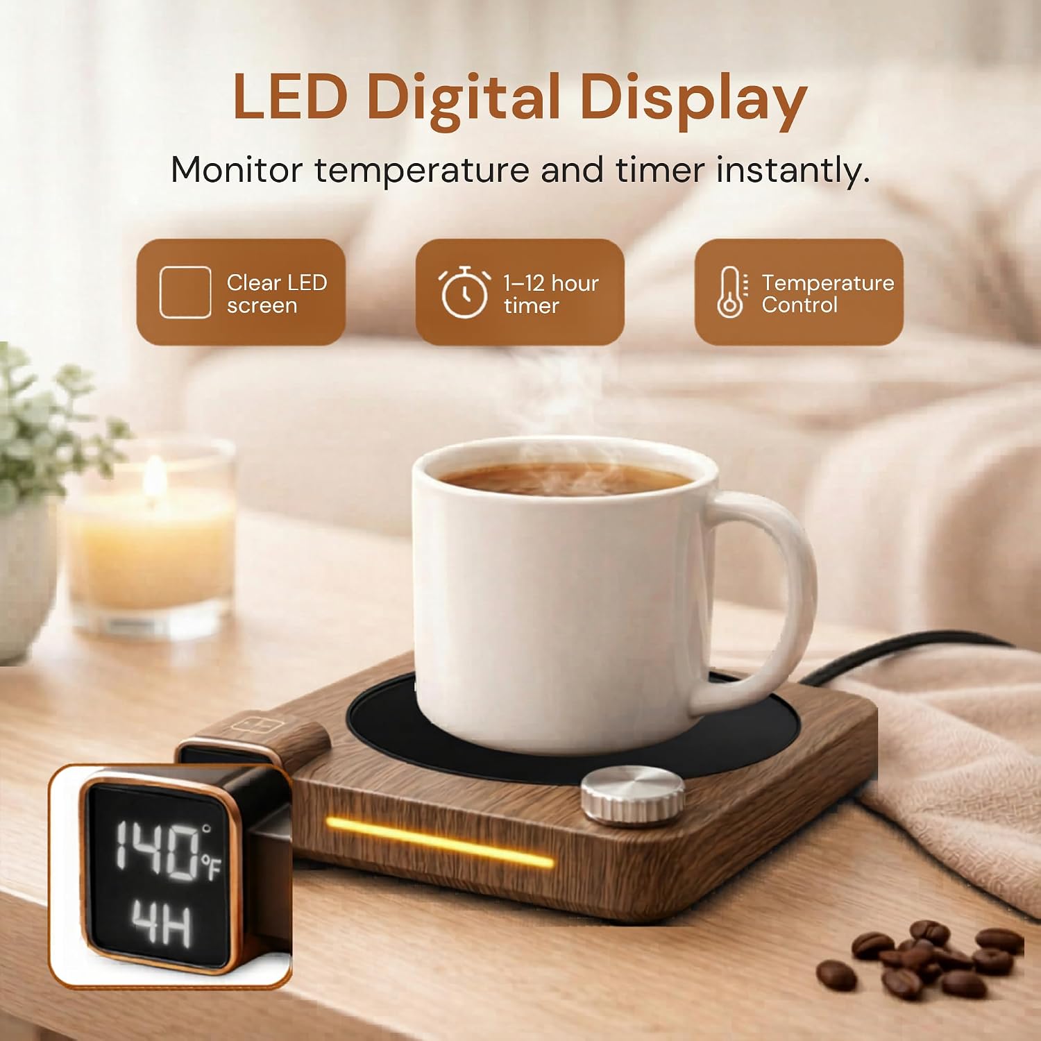 Coffee Mug Warmer for Desk, 40W Electric Cup Warmer with Digital Display, 9 Temp Settings, 1–12H Timer & Auto On/Off, LED Display Candle & Beverage Warmer Plate.