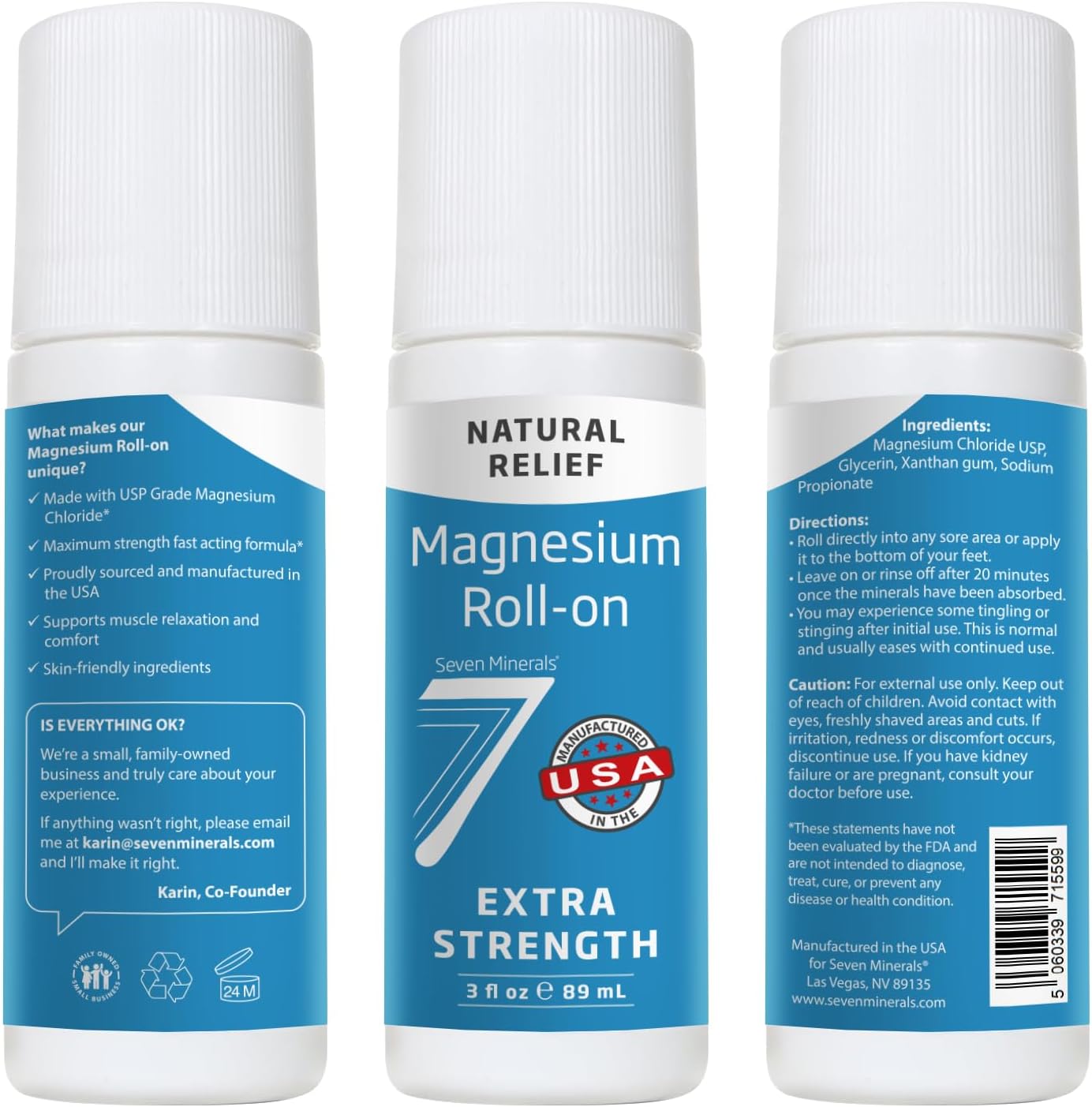 Seven Minerals Extra Strength Magnesium Roll On Stick - Pure USP Grade Magnesium for Feet, Sleep, Muscle Pain & Cramps - Fast Absorbing & Mess-Free, USA Made, 3 Fl Oz