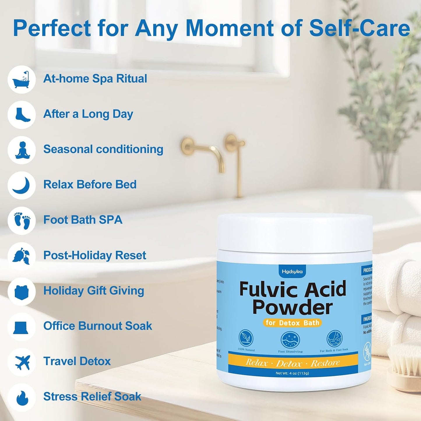 Fulvic Acid Detox Bath Soak Powder, Foot Soak for Tired Feet, Natural Mineral Bath Soak for Body & Feet, Fast Dissolving, Gentle on Skin, Vegan Bath Powder for Relaxation, 4oz(113g)