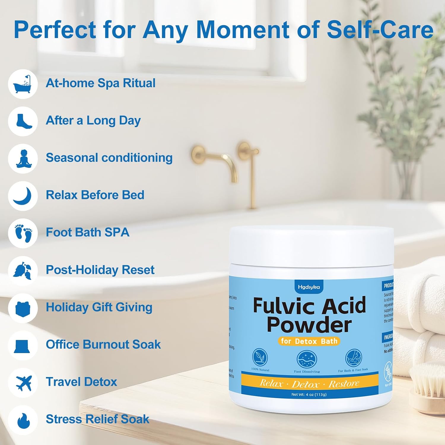 Fulvic Acid Detox Bath Soak Powder, Foot Soak for Tired Feet, Natural Mineral Bath Soak for Body & Feet, Fast Dissolving, Gentle on Skin, Vegan Bath Powder for Relaxation, 4oz(113g)