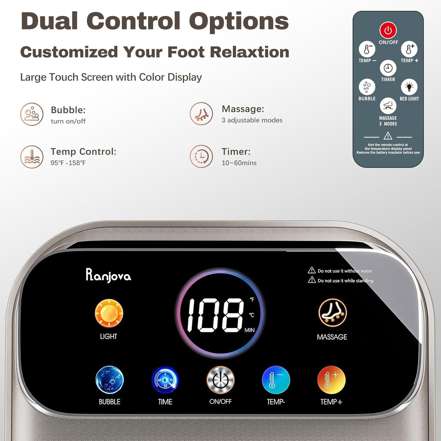 Ranjova Foot Spa Electric Rotary Massage, with Color Touch Screen and Remote Control, Foot Bath Massager with Heat, Bubble, Adjustable Temp, and 24 Motorized Shiatsu Massage Balls (Dark Grey)
