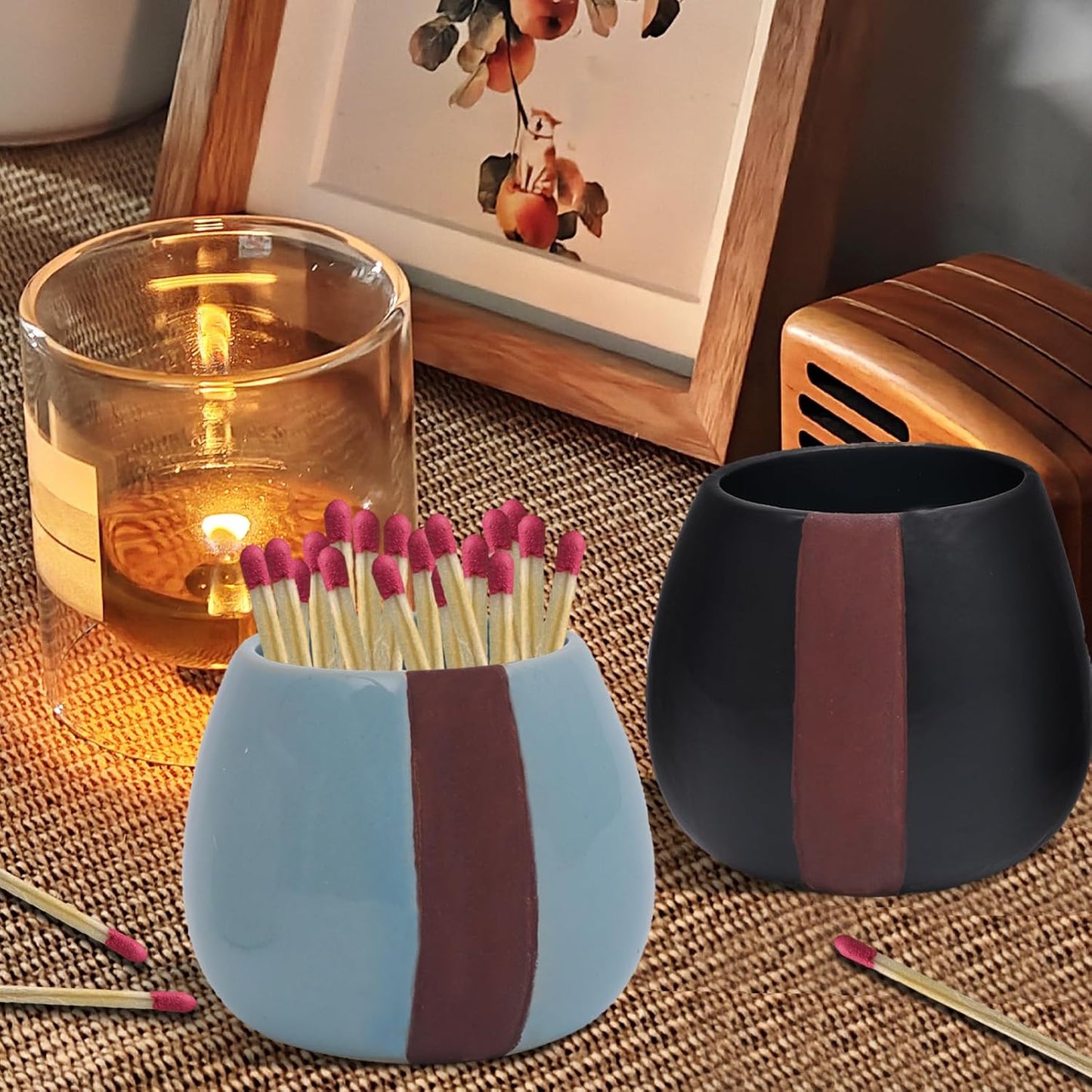 Ceramic Match Holder with Striker - Pack of 2 - Strike Anywhere Decorative Matches in a Jar Box with Striker Modern Home Decor Gifts (Match NOT Included)