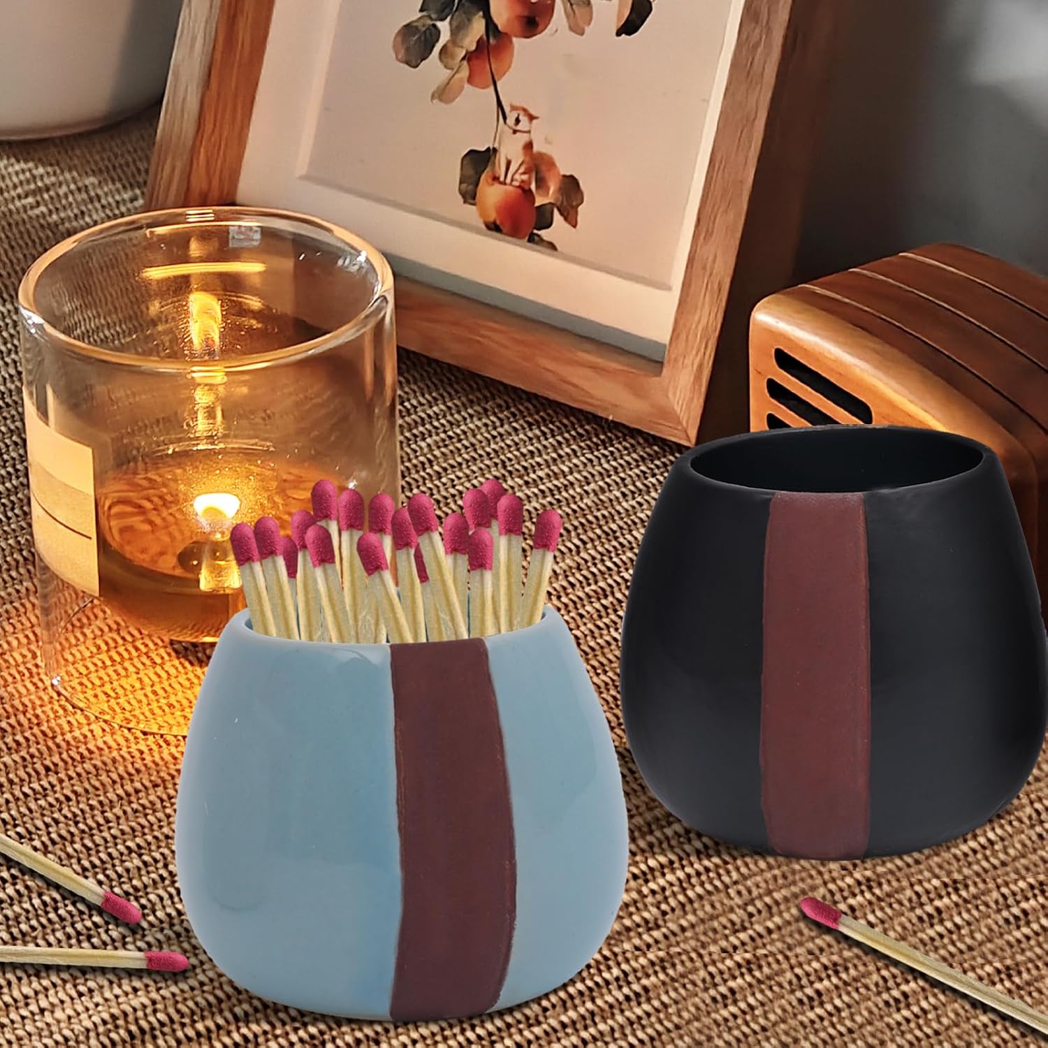 Ceramic Match Holder with Striker - Pack of 2 - Strike Anywhere Decorative Matches in a Jar Box with Striker Modern Home Decor Gifts (Match NOT Included)