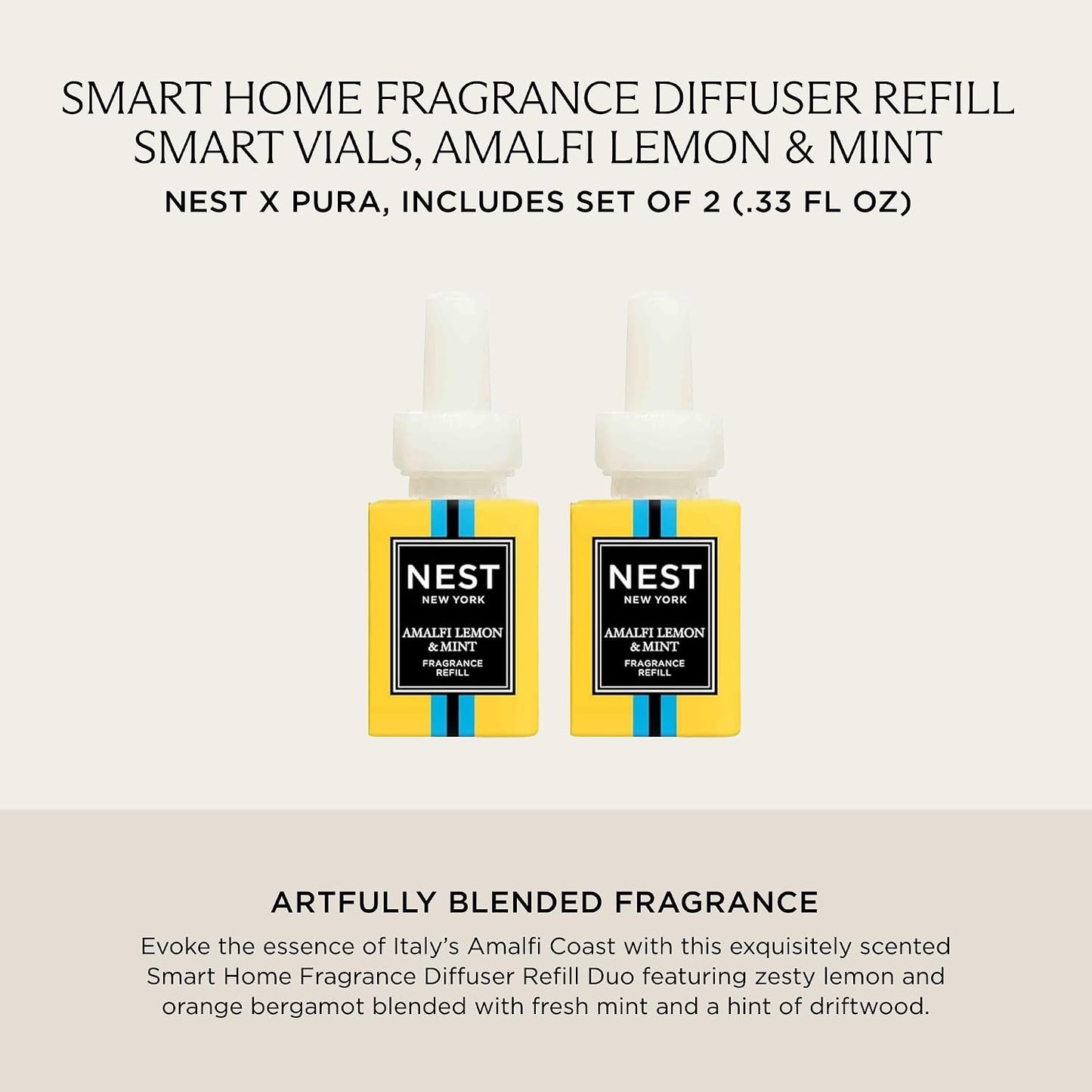 NEST New York Smart Home Fragrance Diffuser Refill Smart Vials, Amalfi Lemon & Mint - Set of 2 - Designed for NEST x Pura 3 and NEST x Pura 4 Diffusers - Cruelty Free, Vegan
