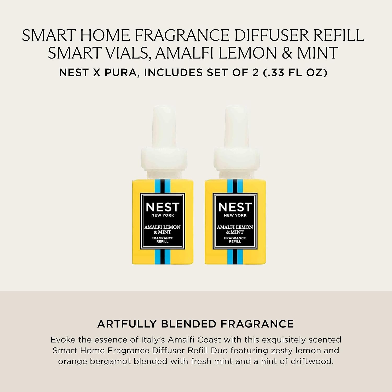 NEST New York Smart Home Fragrance Diffuser Refill Smart Vials, Amalfi Lemon & Mint - Set of 2 - Designed for NEST x Pura 3 and NEST x Pura 4 Diffusers - Cruelty Free, Vegan