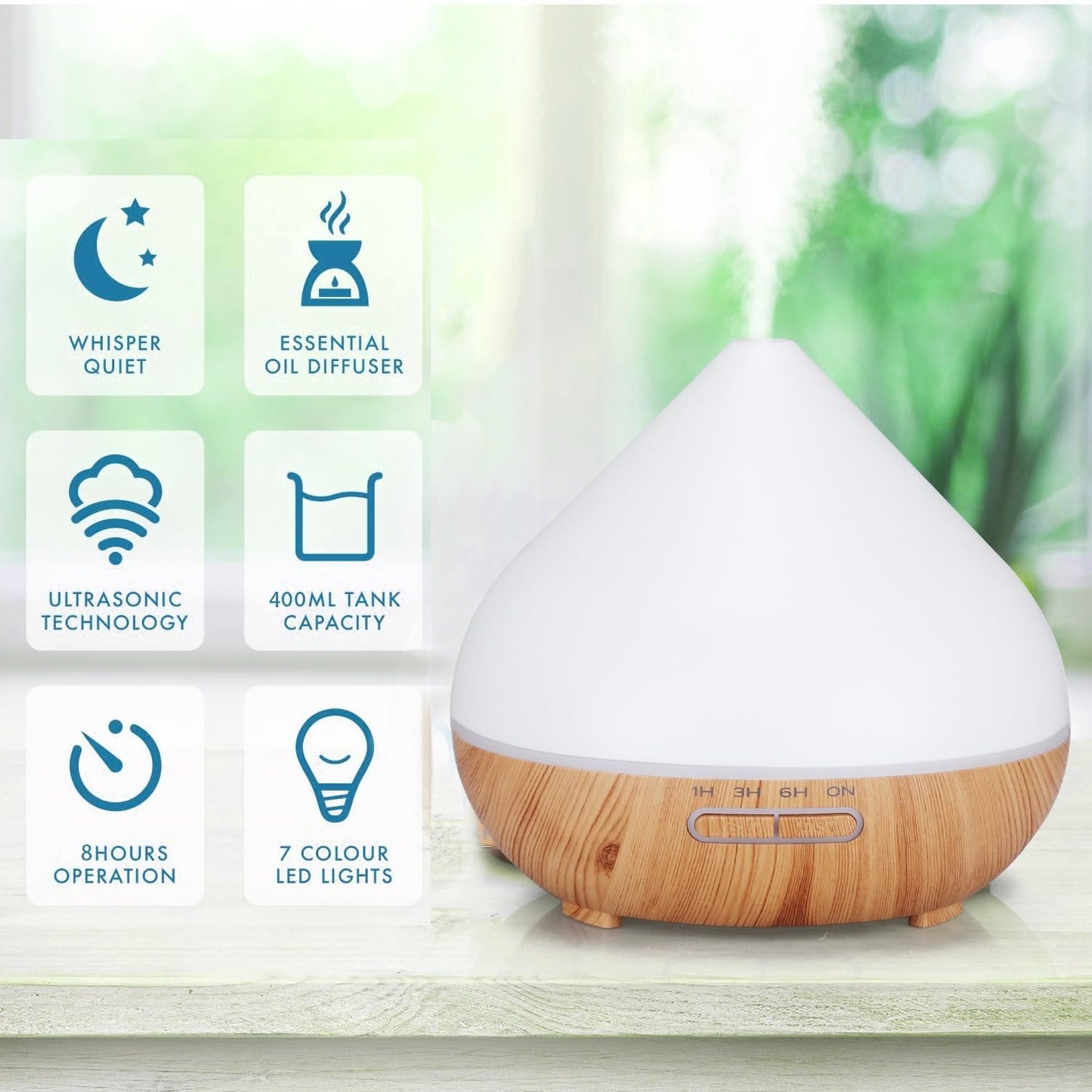 Essential Oil Diffuser, Wood Ultrasonic Cool Mist Humidifier, Ambient Night Light, 400ml Waterless Auto-Off, for Home,Bedroom,Office (Dark Wood)