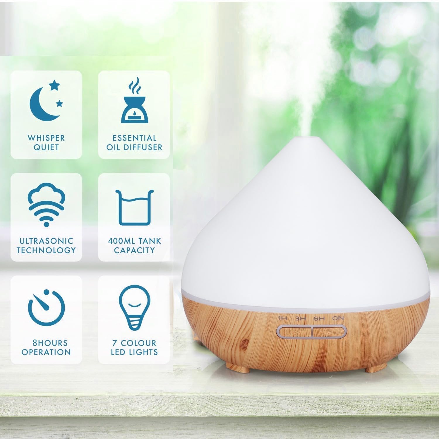 Essential Oil Diffuser, Wood Ultrasonic Cool Mist Humidifier, Ambient Night Light, 400ml Waterless Auto-Off, for Home,Bedroom,Office (Dark Wood)