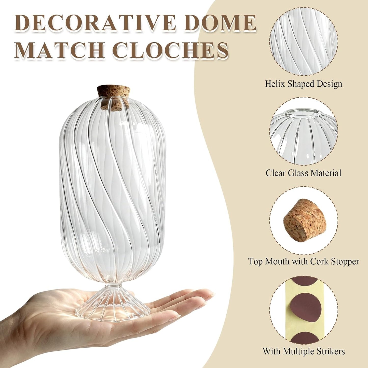 Large Glass Match Holder with Striker, Helix Shaped Clear Match Cloches Glass Long Match Jar Decorative Dome Match Stick Container for 4" Matches Flowers Bathroom Display Decor, Not Include Match
