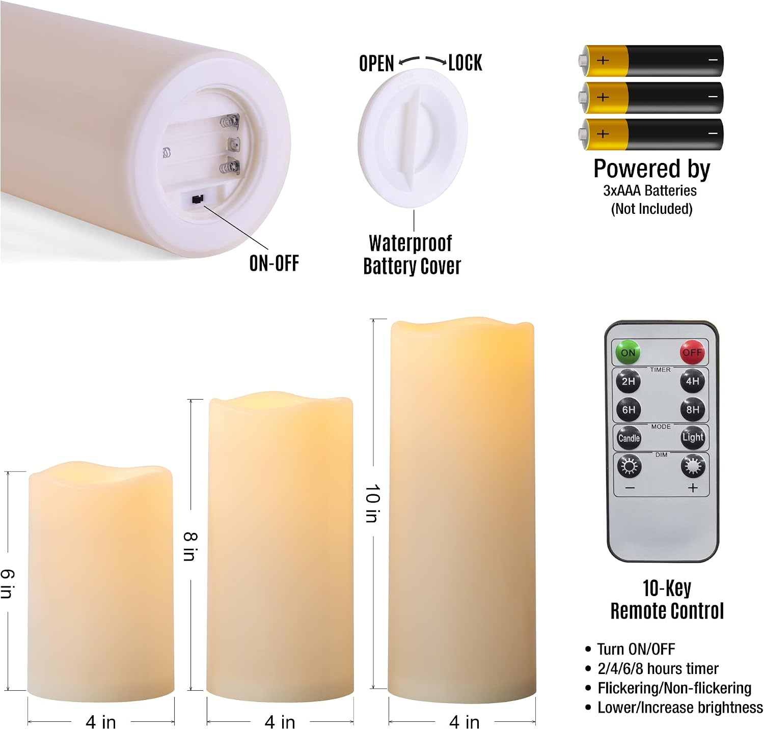 6" 8" 10" x 4" Waterproof Outdoor Flameless Candles Battery Operated LED Flickering Pillar Candles with Remote and Timer for Indoor Outdoor Lanterns, Long Lasting, Ivory White Large, Set of 3