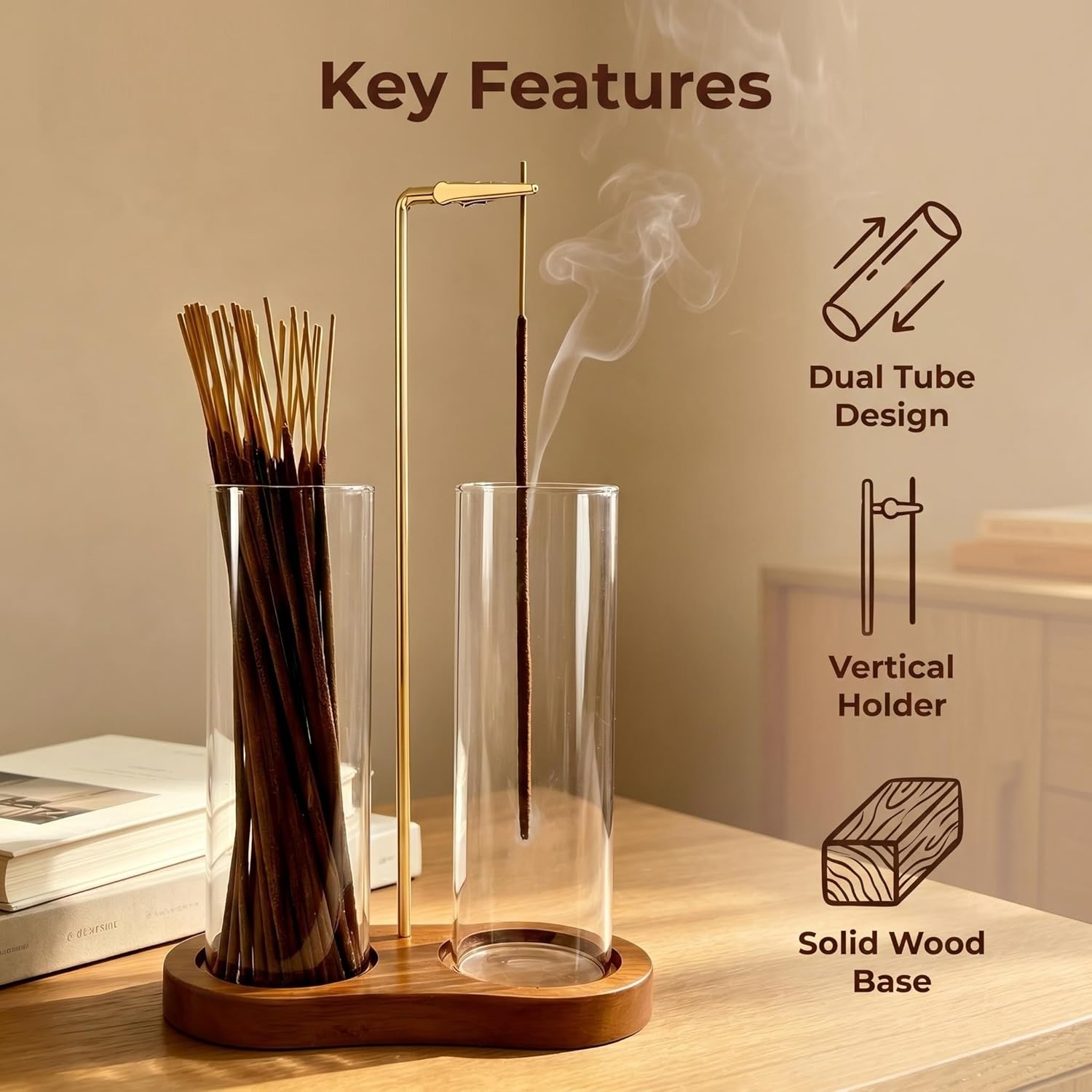 Incense Holder, Hang Upside Down Incense Sticks Burner Holder Storage with Glass Ash Catcher,Ideal Gift (Brown)