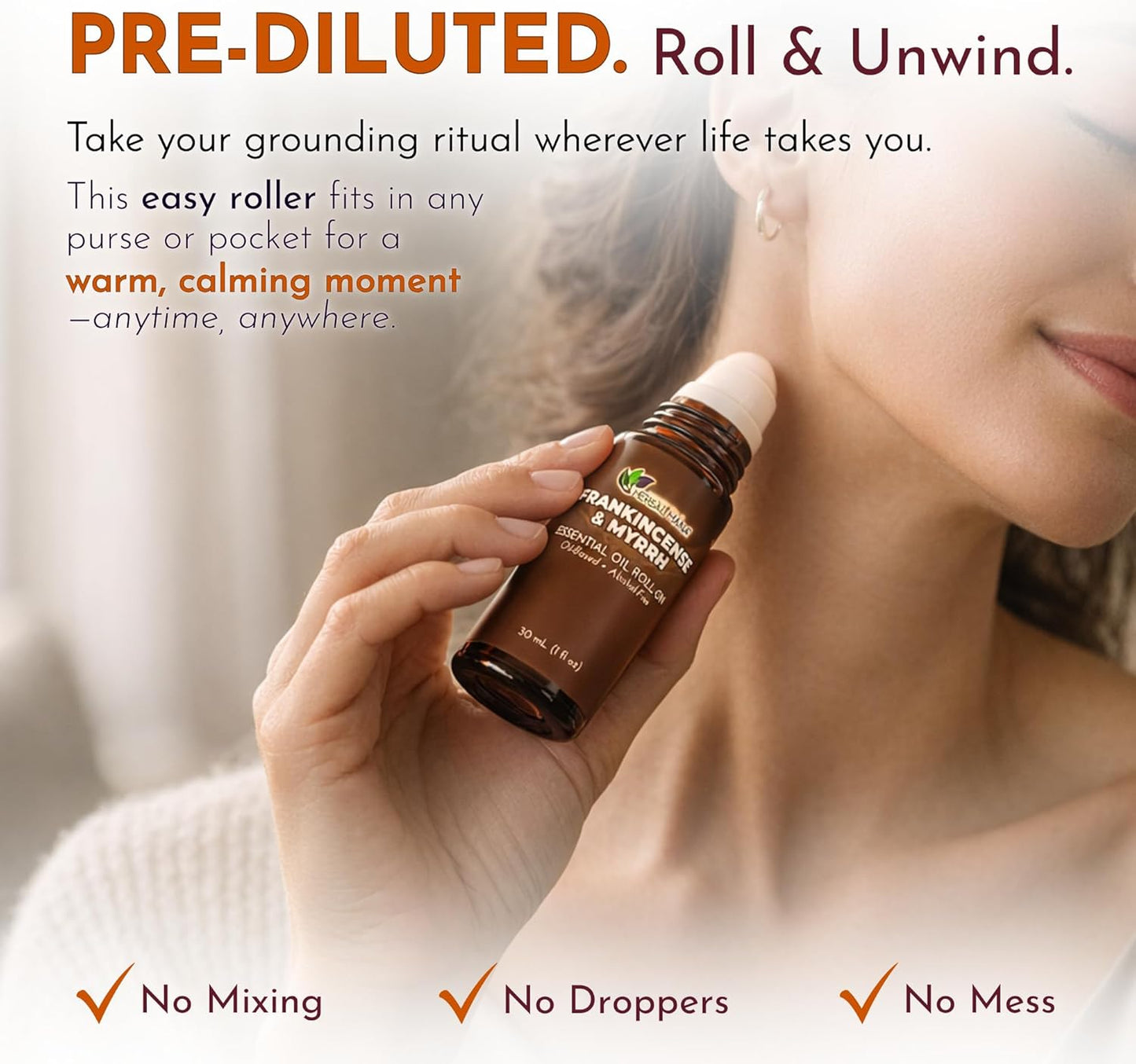 Frankincense & Myrrh Essential Oil Roll-On, 30 mL (1 fl oz) – Pre-Diluted Aromatherapy Rollerball in Fractionated Coconut Oil (FCO) – Alcohol-Free Pulse Point Oil Roller