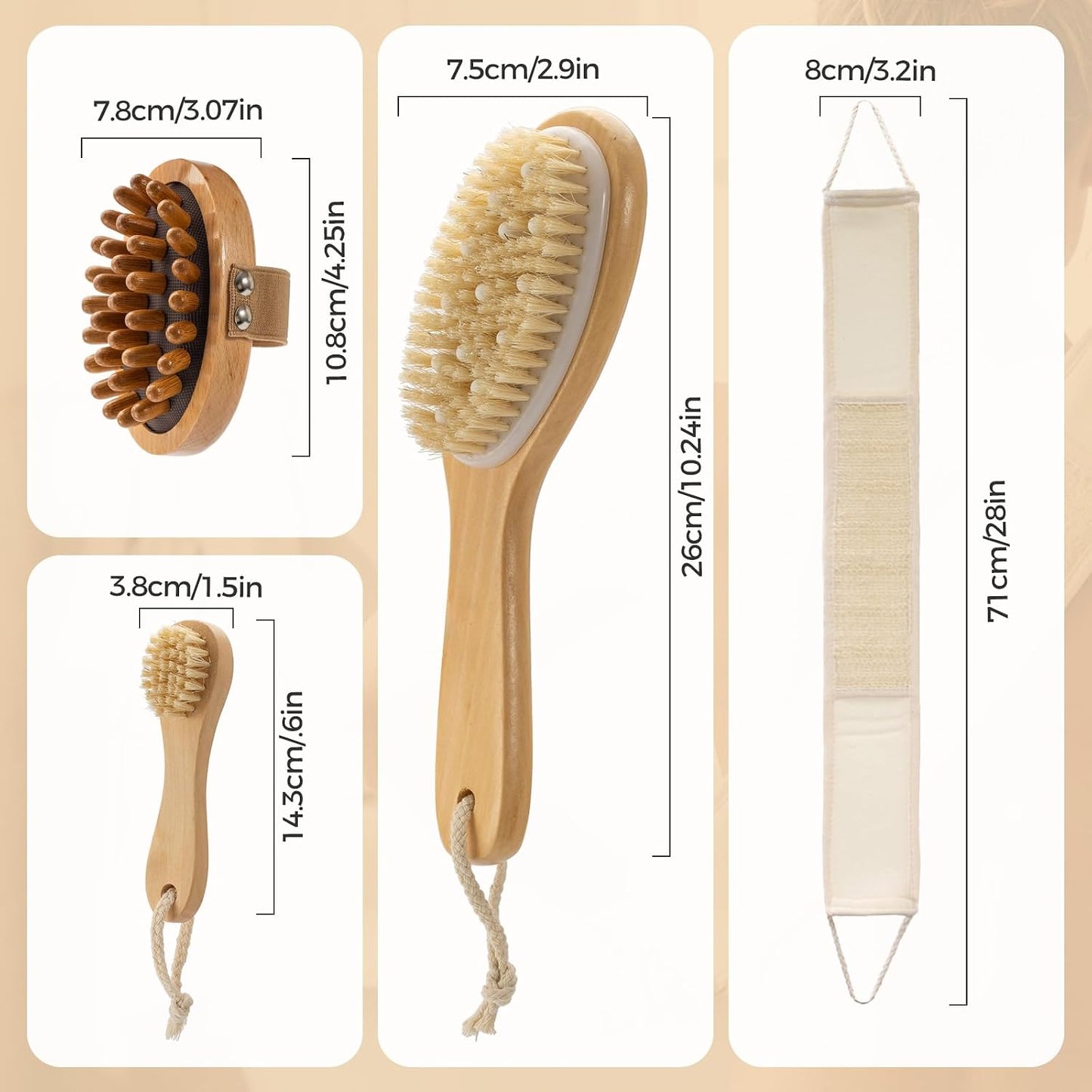 4 Packs Dry Brushing Body Brush Set for Lymphatic Drainage and Cellulite Massager, Long Handle Dry Brush for Body, Natural Boar Bristle Dry Body Brush Exfoliator