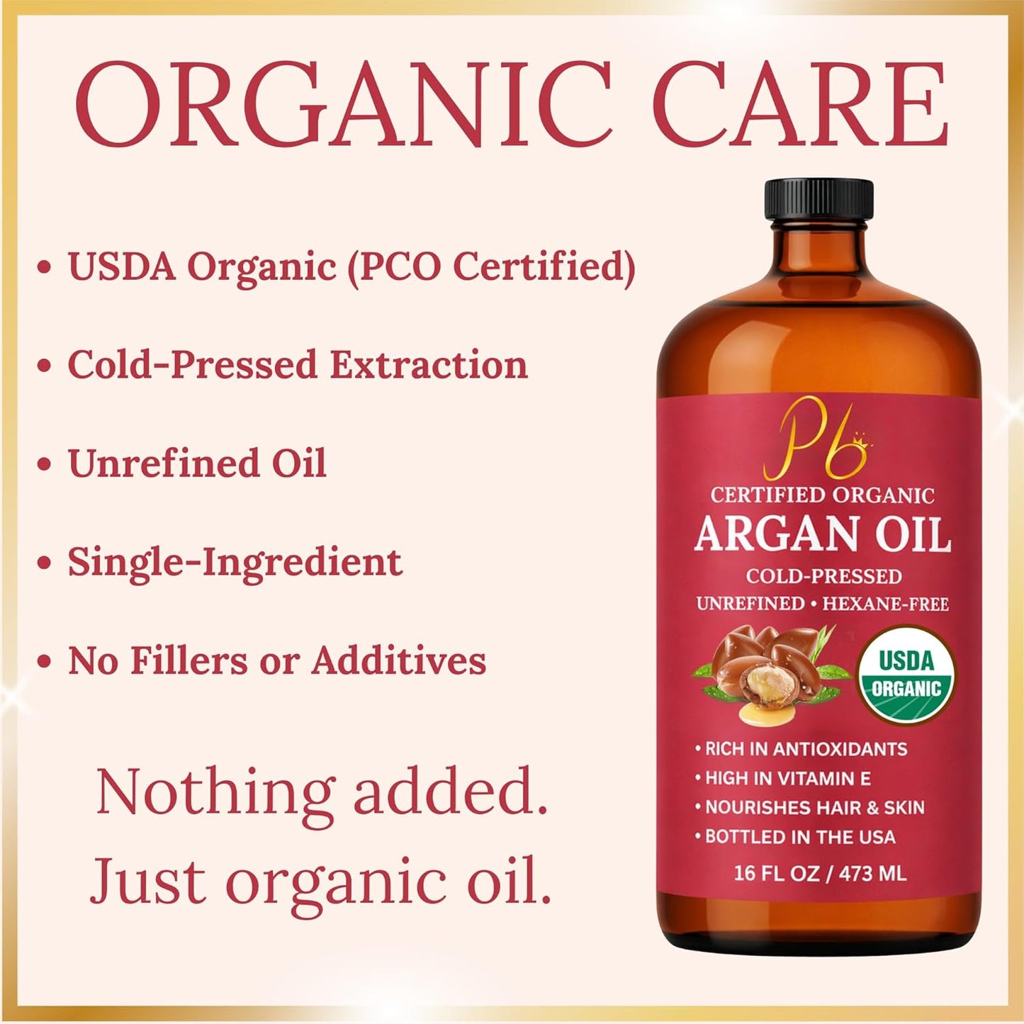 Argan Oil, 16 fl oz Glass Bottle with Pump, Organic Moroccan Argan Oil for Hair, Skin, Face & Nails, USDA Certified Organic, Cold-Pressed Unrefined Hexane-Free Carrier Oil for Essential Oils