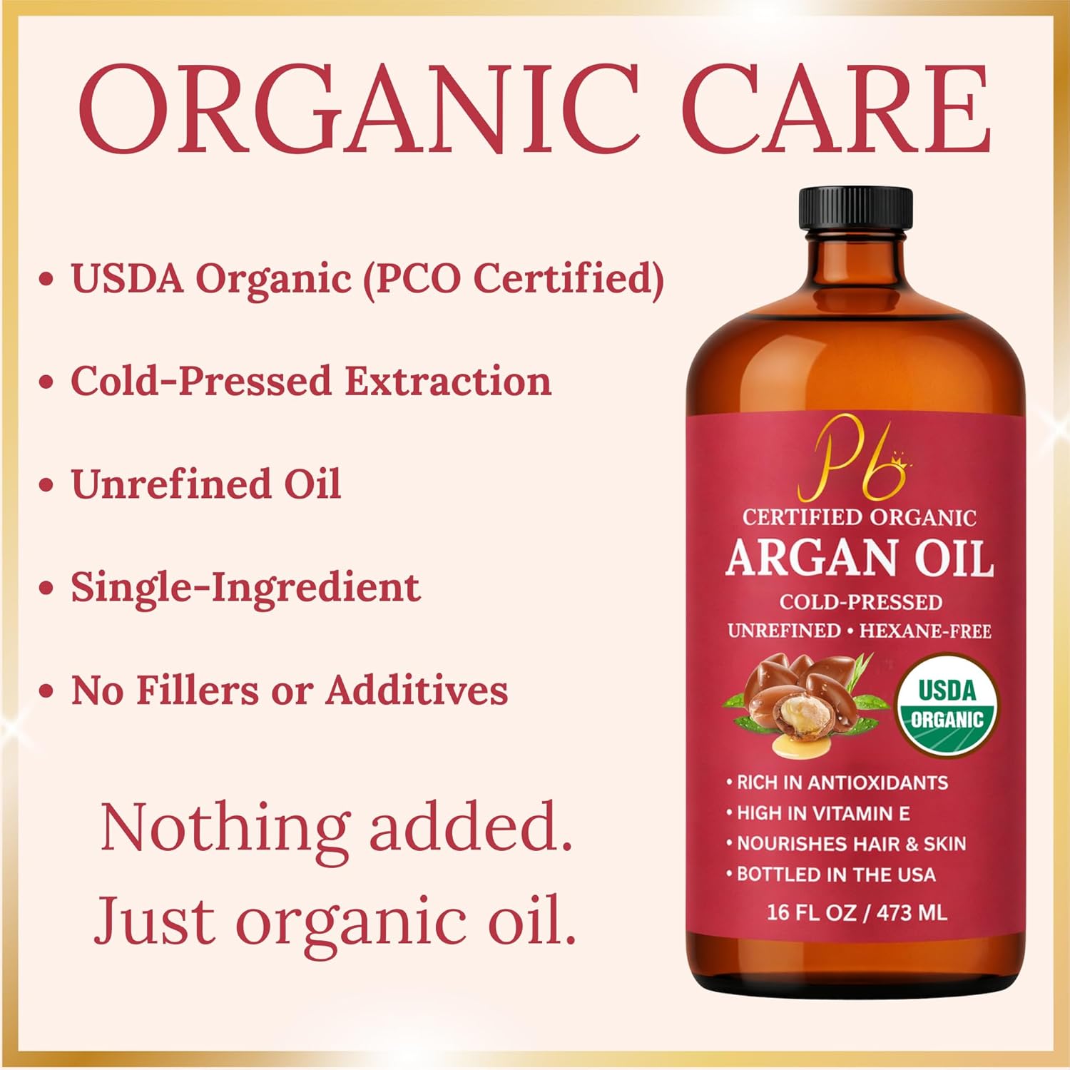 Argan Oil, 16 fl oz Glass Bottle with Pump, Organic Moroccan Argan Oil for Hair, Skin, Face & Nails, USDA Certified Organic, Cold-Pressed Unrefined Hexane-Free Carrier Oil for Essential Oils