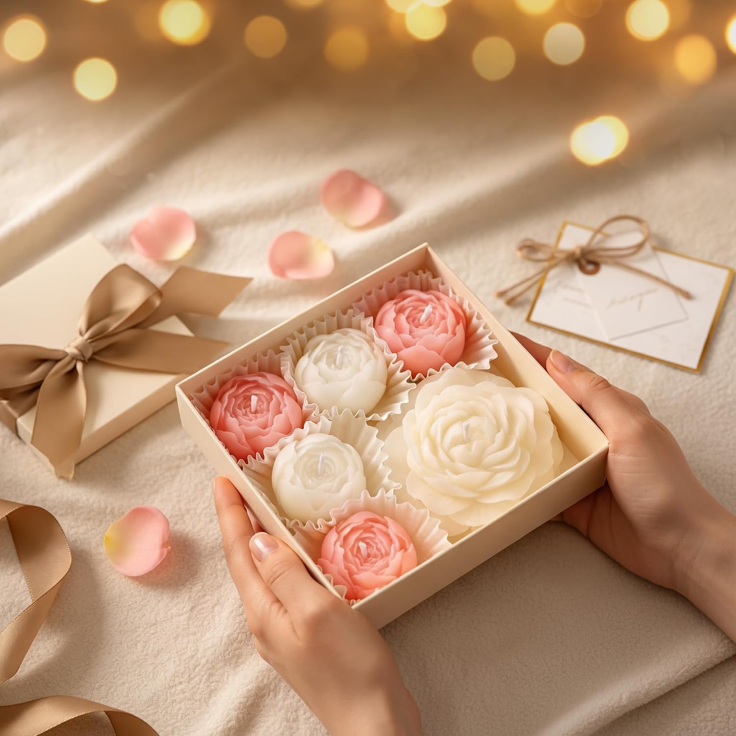 6-Pack Flower Candles Set, Rose Peony Shaped Scented Floral Candle Handmade Aromatherapy Gifts for Mother Wedding Home Decor (White & Pink)