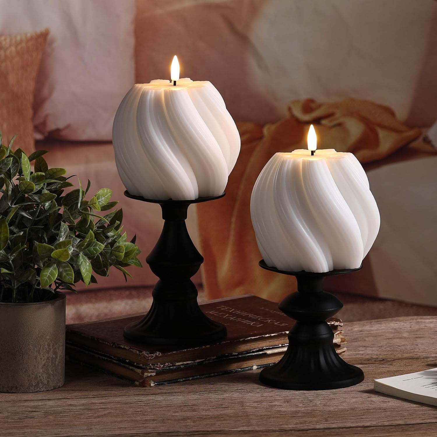 White Swirl Flameless Candles with Remote, Aesthetic Twirl LED Pillar Candle Housewarming Gift Home Shelf Decor 1 Pack