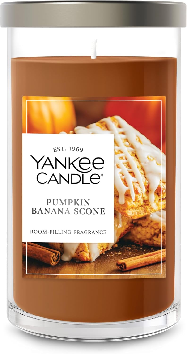 Yankee Candle Medium Pillar Scented Candle with up to 115 Hour Burn Time, Premium Plant Wax Blend for Consistent Burn, 14.25 oz Pillar Candle with Room Filling Fragrance, Pumpkin Banana Scone