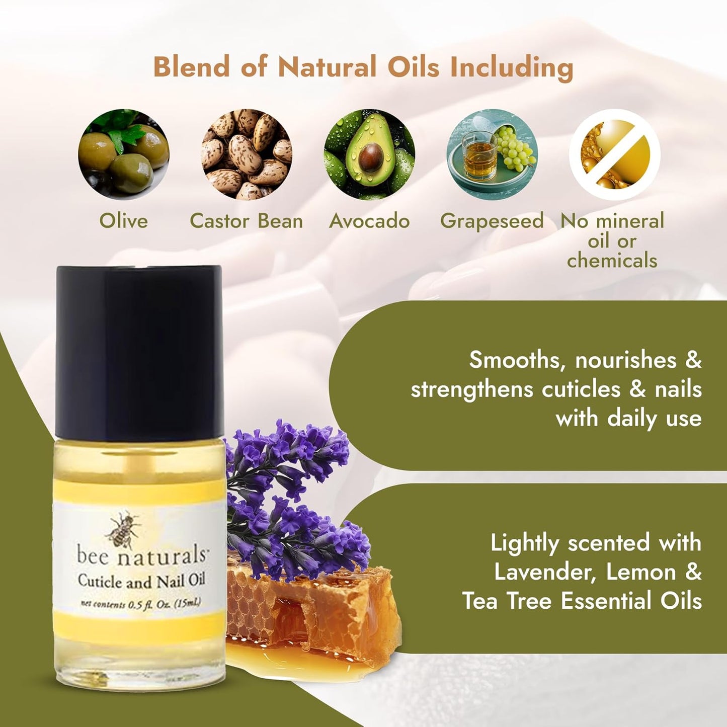 Bee Naturals Nail & Cuticle Oil 0.5 oz - Heals Cracked Nails & Rigid Cuticles, Deep Moisture with Avocado and Castor Oils