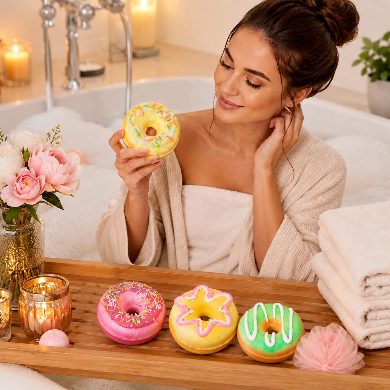 Bath Bombs Gift Set, Donut Bath Bombs for Women, 4 Pack Natural Bubble Cute BathBombs, Ideal Present for Her Mom Women Kids Girls Girlfriend, Birthday, Mothers Day, Valentines, Christmas