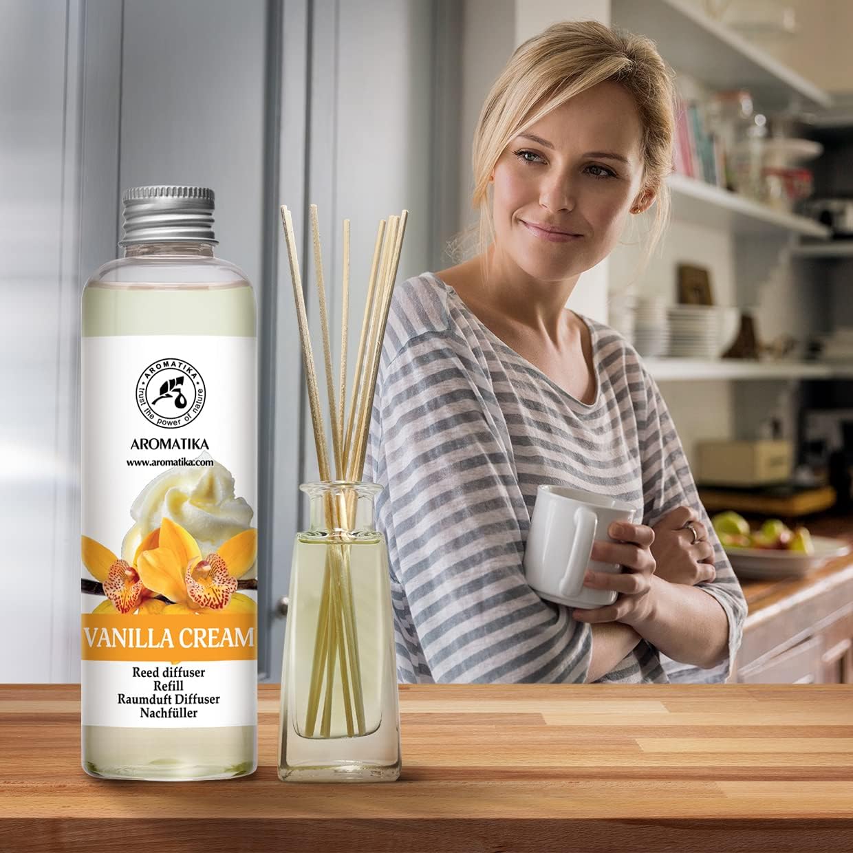Reed Diffuser Refill Vanilla Cream 6.8 Fl Oz - Fresh & Long Lasting Fragrance - Reed Diffuser Oil Refill for Aromatherapy - Home Fragrance - Office - Restaurant - Fresh Fragrance