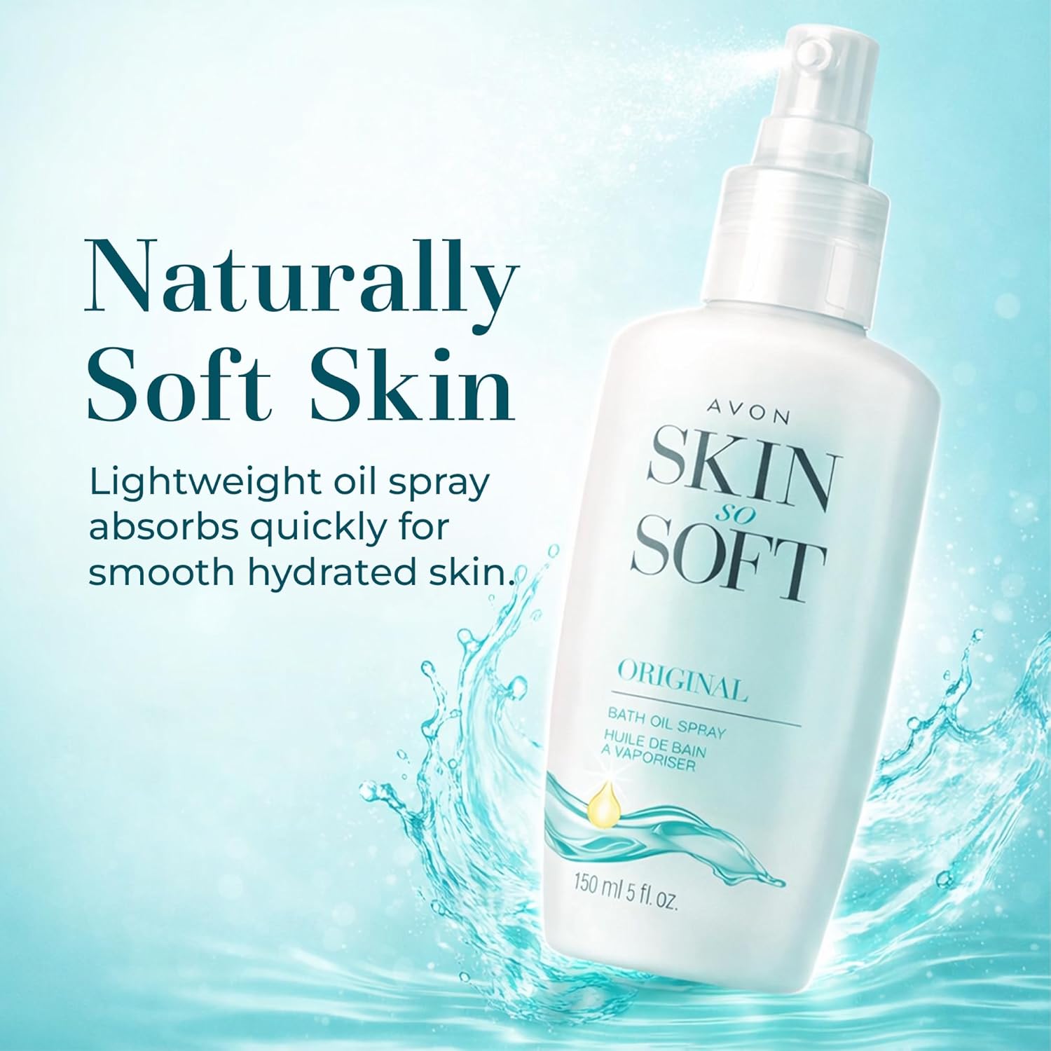 AVON Skin So Soft Original Bath Oil Spray - Moisturizing Shower Oil with Jojoba Oil & Vitamin E - Non-Greasy Formula for Dry Skin Care - After Shower Moisturizer for Women - Hydrating Spray, 5 fl oz