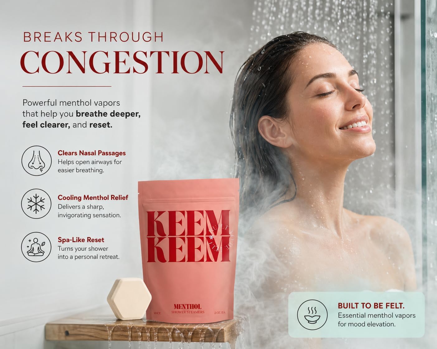 Keem Keem Menthol Shower Steamers, 10 Count, 2 oz Each, Individually Wrapped Cooling Shower Tablets with Pure Menthol Crystals, Dye-Free, No Fragrance Blends, No Eucalyptus