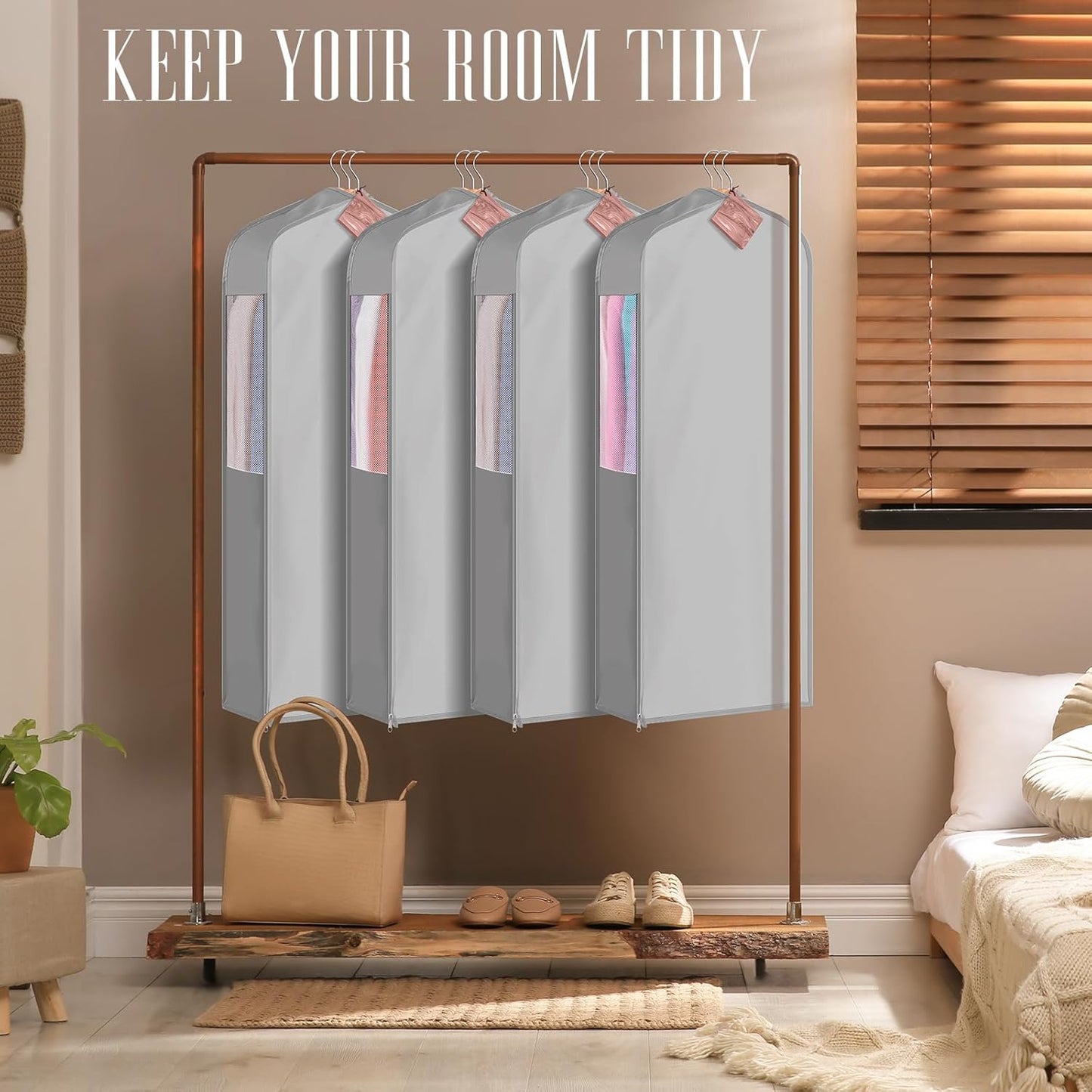 Briwooody 1 Sets 40 x 24 x 6'' Cotton Garment Bags with 4 Cedar Blocks, Moth Protection Bags Breathable for Hanging Clothes Fur Coats, Gowns, Dress, Closet Storage, Clothing Protector (Grey)
