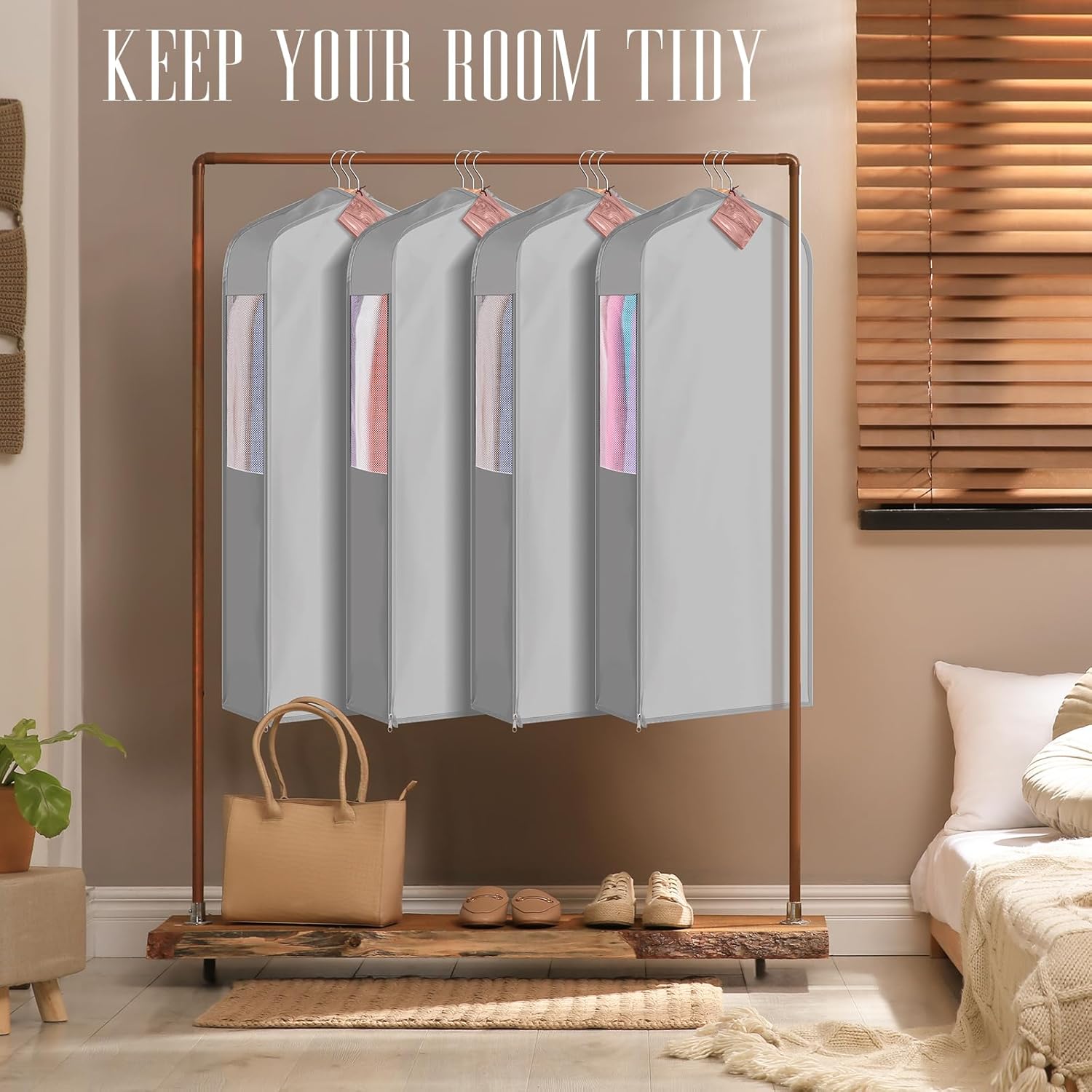 Briwooody 1 Sets 40 x 24 x 6'' Cotton Garment Bags with 4 Cedar Blocks, Moth Protection Bags Breathable for Hanging Clothes Fur Coats, Gowns, Dress, Closet Storage, Clothing Protector (Grey)