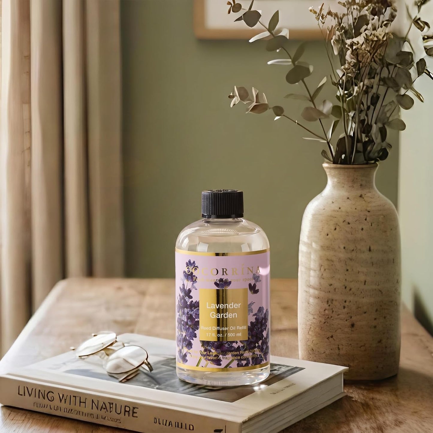 Cocorrína Reed Diffuser Refill Lavender Garden 17oz (500ml) with 8 Rattan Sticks - Premium Long-Lasting Scented Oil, Home Fragrance for Bedroom, Bathroom Home Decor