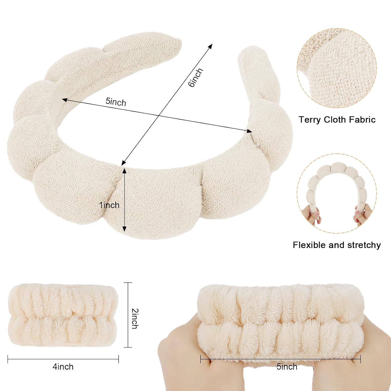 WHAVEL 6PCS Terry Cloth Spa Headband and Wristband Set, Makeup Puffy Sponge Face Wash Headband Hair Band Wrist Towels for Washing Face Women Girls (Beige, Light Coffee)