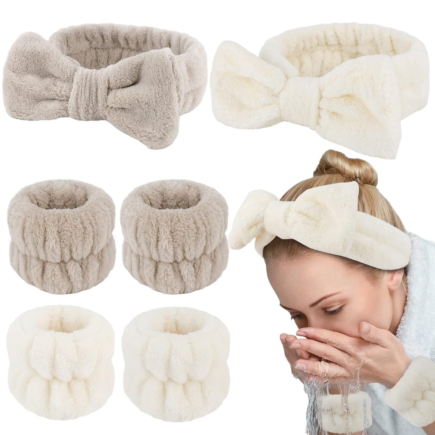 WHAVEL 6PCS Spa Headband and Wristbands Set, Face Wash Headband Wrist Bands for Washing Face Makeup Skincare Hair Band Skin Care Accessories Tools