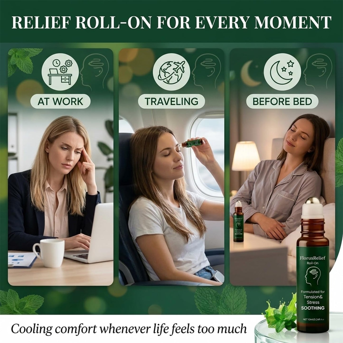 Florus Relief Roll on, Migraine Roll on with Magnesium Glycinate, Lavender, Peppermint, Chamomile for Headache Support